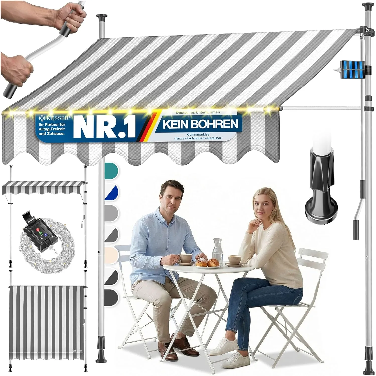 KESSER® Klemmmarkise mit Handkurbel & LED Lichterkette | Balkonmarkise ohne Bohren | Markise UV-beständig höhenverstell…