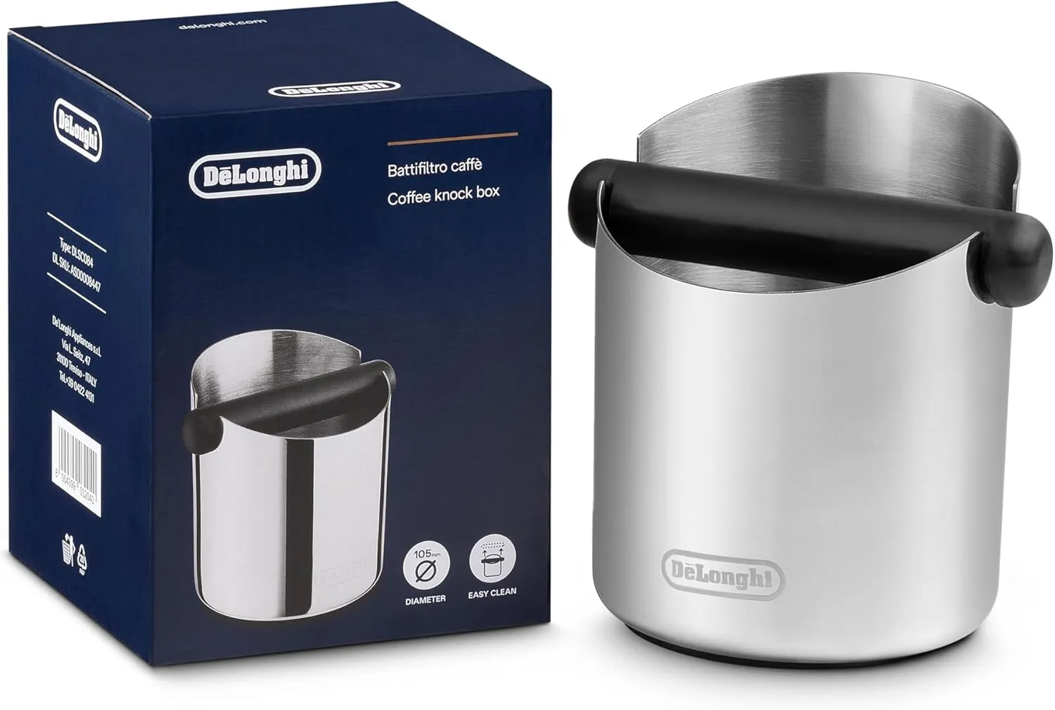 De'Longhi Abklopfbehälter für Siebträger DLSC084, Abschlagbox, Knock Box, hochwertiger Edelstahl, rutschfeste Gummibasi…