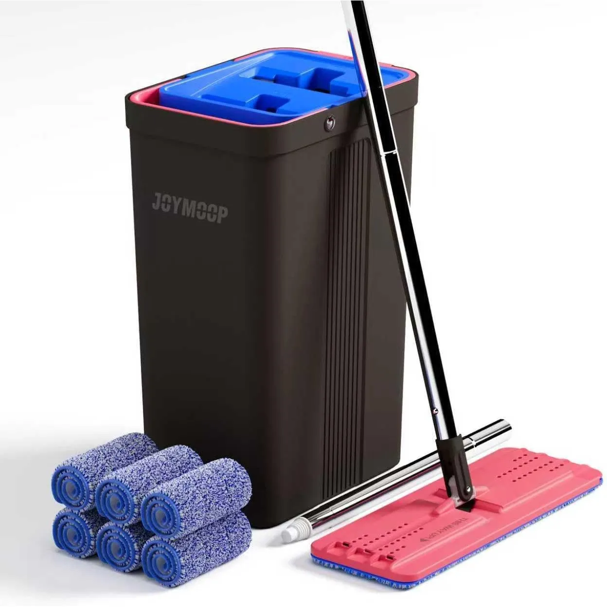 JOYMOOP Wischmopp und Eimer mit Auswringer-Set, freihändiger Flacher Bodenwischer und Eimer, mit 6 waschbaren Mikrofase…