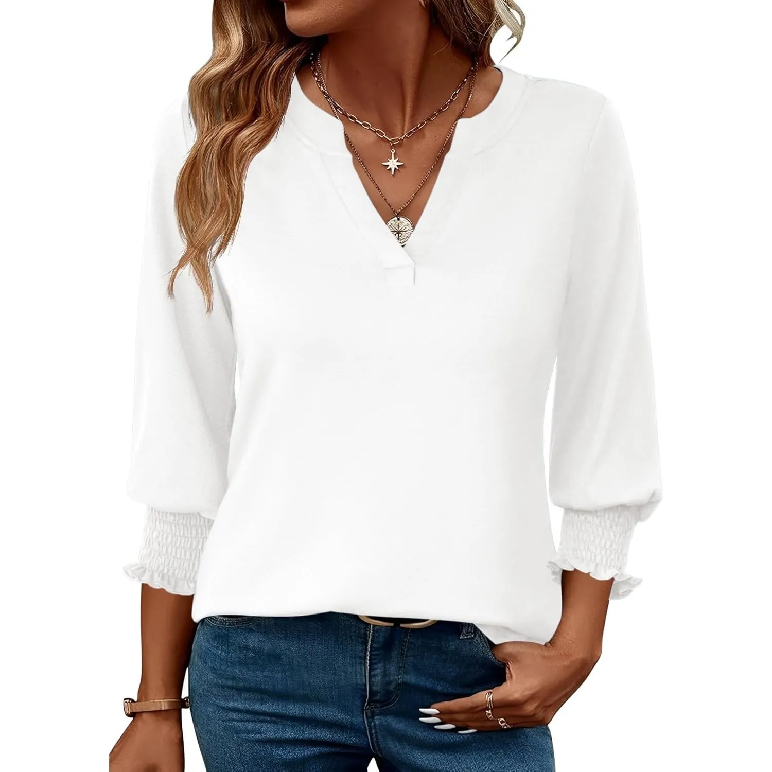 Rapbin Damen Bluse 3/4 arm Langerm V-Ausschnitt Tunika Sommer Tops Locker Shirt Elegant Lässig Oberteil Blusen 2026