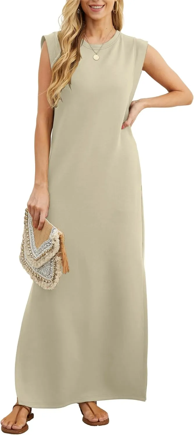 GRECERELLE Women's Summer Maxi Dress Casual Shirt Dresses Elegant Styles Sleeveless Maxi Dresses for Women with Slit an…
