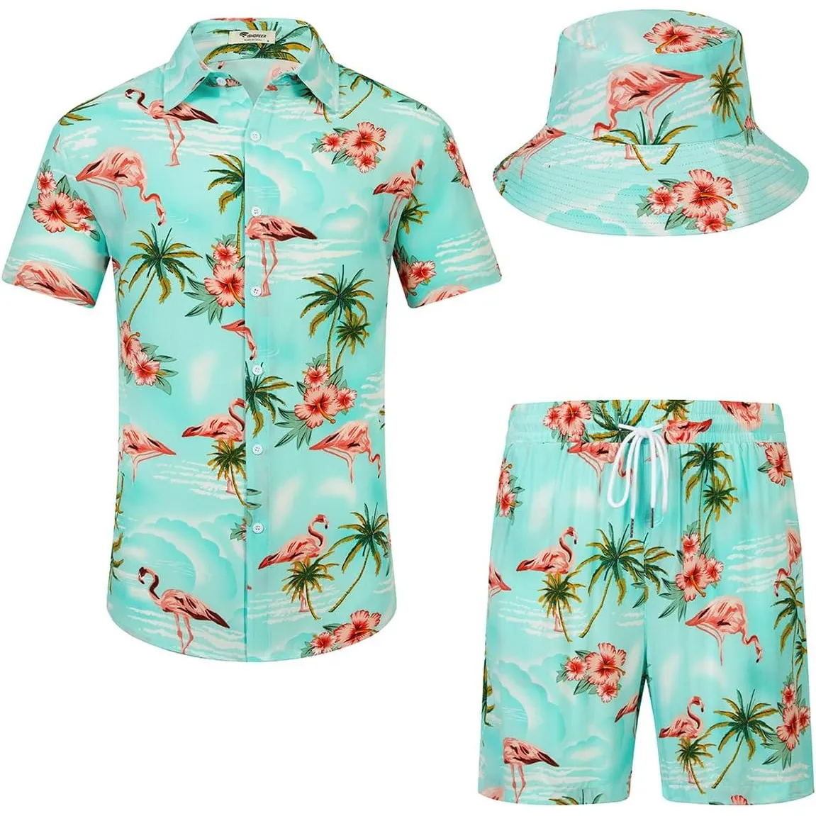 Hawaii-Hemd und Shorts für Herren 2-teilig, Lässig Button-Down-Shirts Sommer Strand Outfits mit Hüten