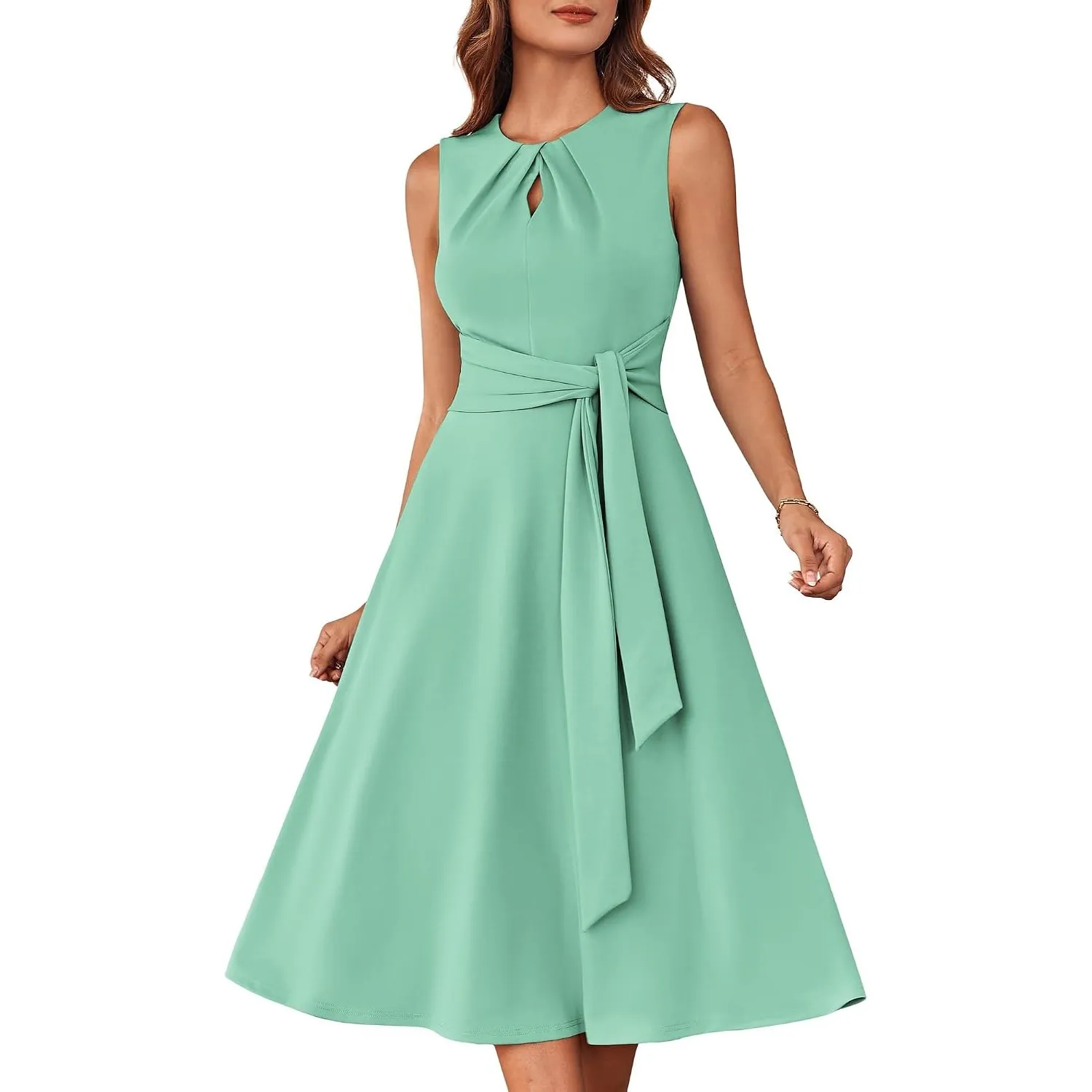 GRACE KARIN Damen A-Linien-Midikleid Ärmelloses Rundhalskleid mit Gürteltaschen Party Club Alltag Arbeit Hochzeit