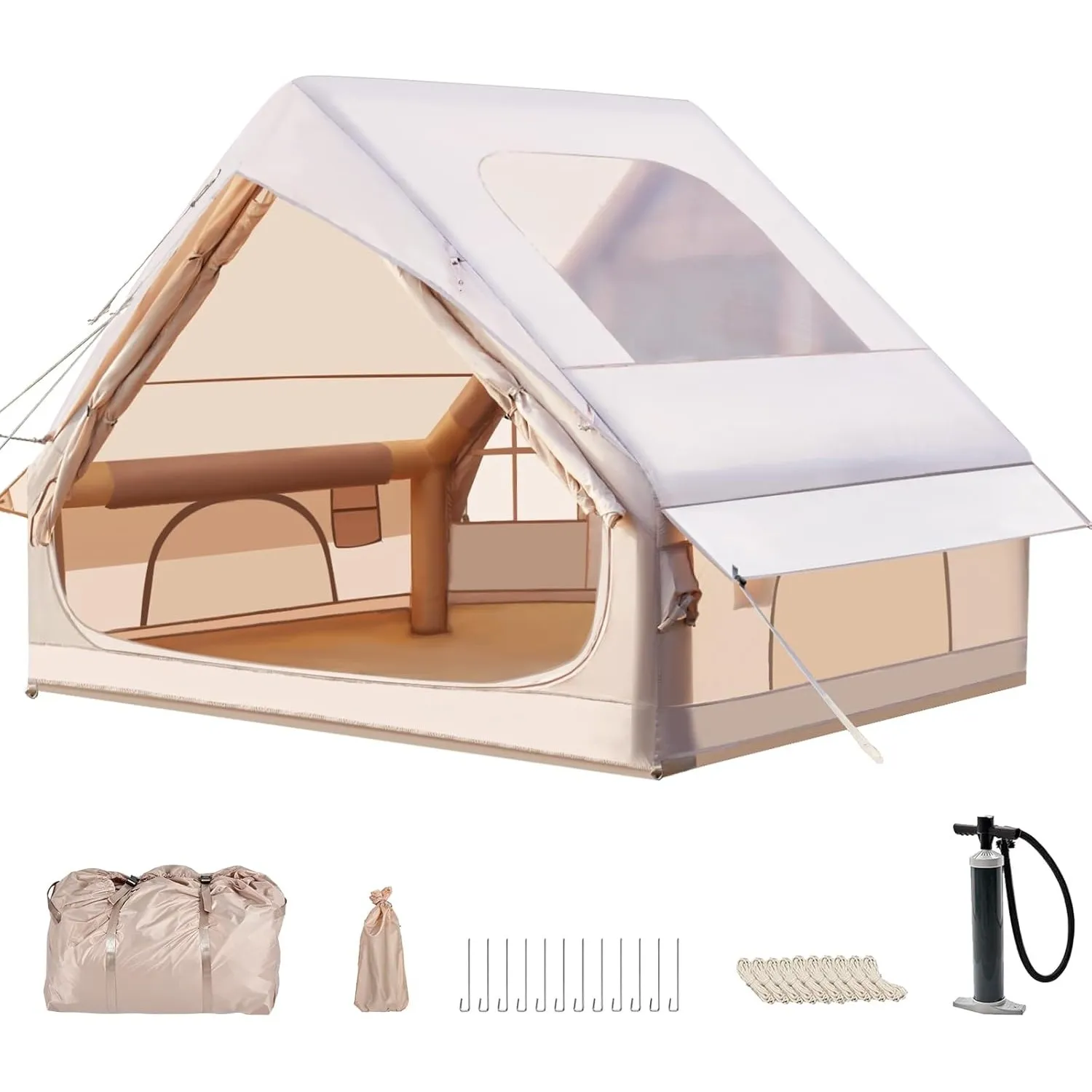 Aufblasbares Campingzelt mit Kaminöffnung & Dachfenster, Aufblasbare Zelt für 2-10per mit Luftpumpe, Zelt Aufblasbar au…