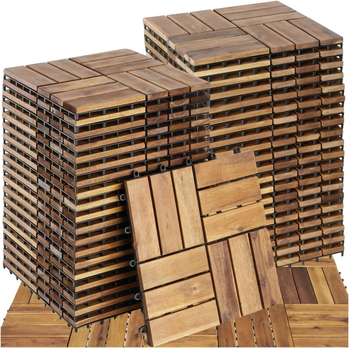 tectake® Holzfliesen, Holz Fliesen wetterfest, Bodenbelag für Wintergarten, Bodenfliesen, Balkonboden, Boden Trittstein…