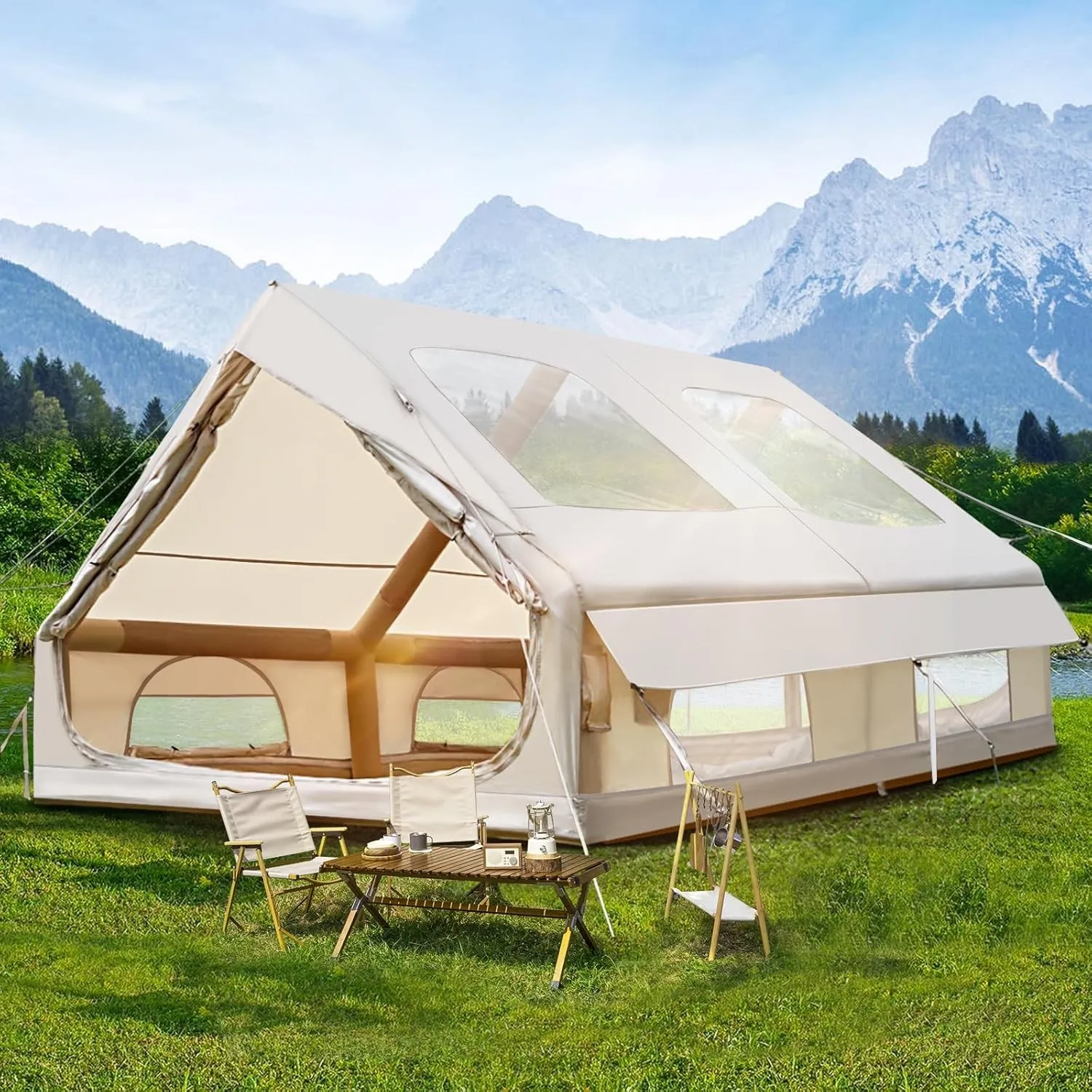 Aufblasbares Campingzelt mit Kaminöffnung & Dachfenster, Aufblasbare Zelt für 2-10per mit Luftpumpe, Zelt Aufblasbar au…