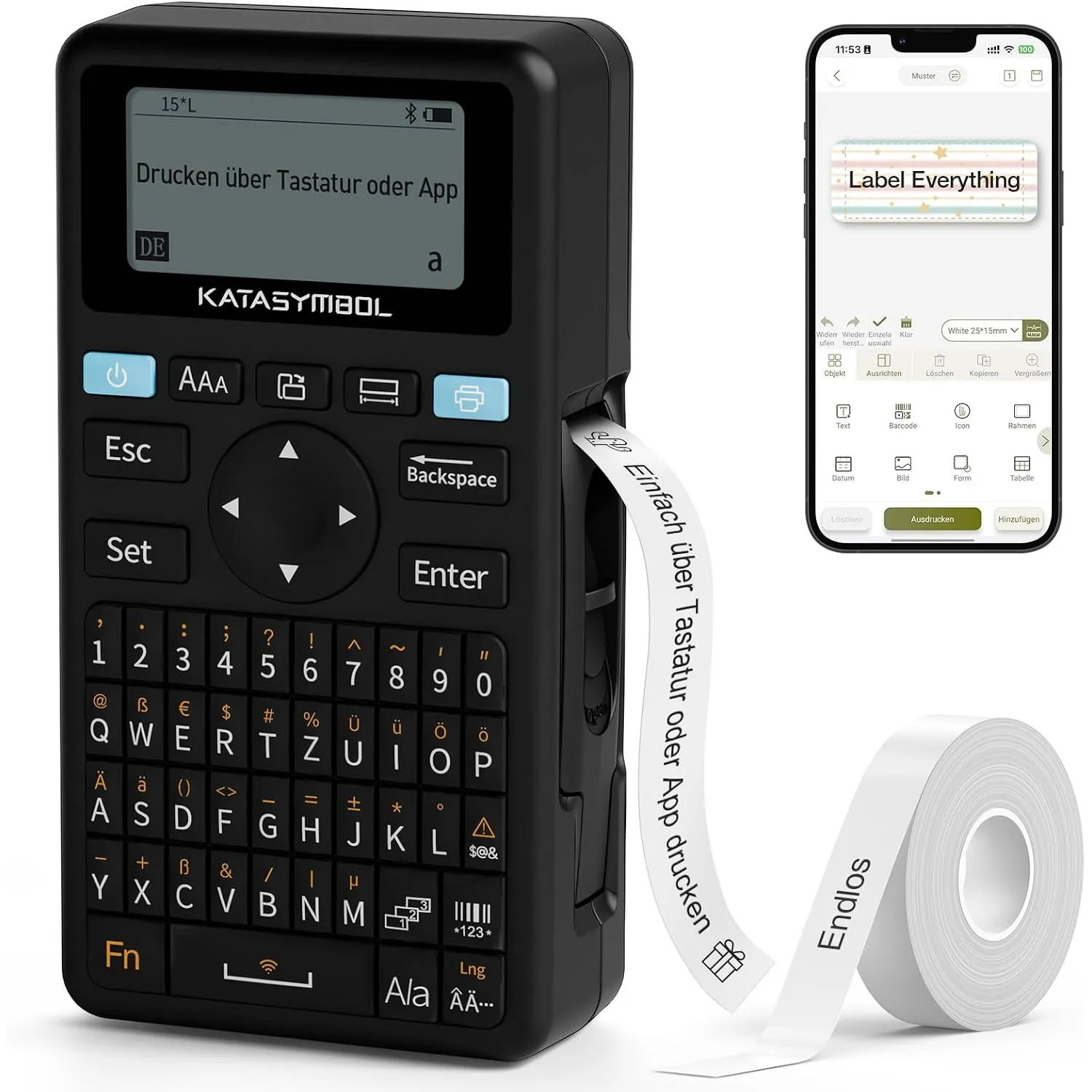 SUPVAN E11 Etikettendrucker mit QWERTZ-Tastatur und Bluetooth, 1 Rollen