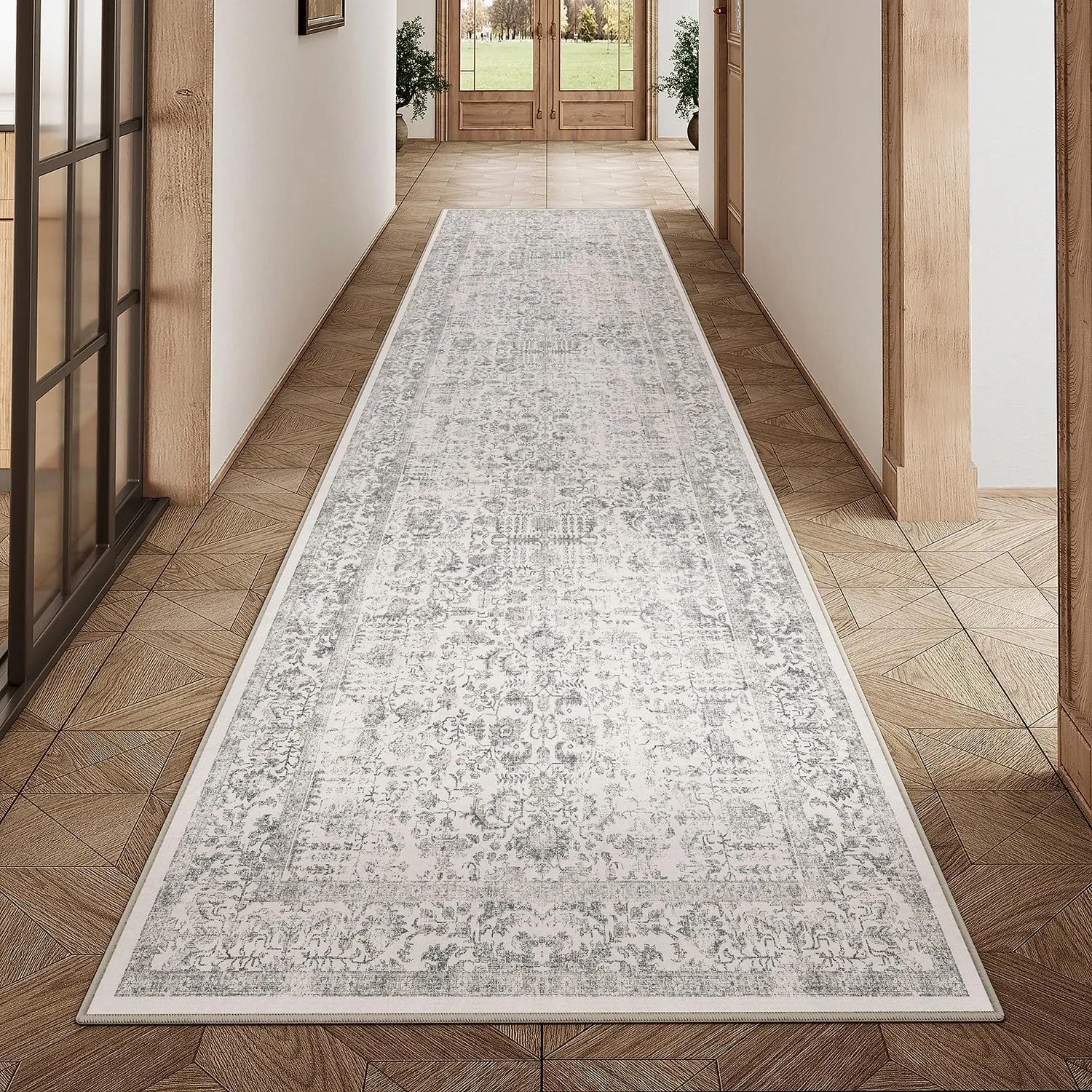 HUGEAR Grau Vintage Teppich Läufer Flur 80x400cm Waschbar | Waschbarer Teppich, Rutschfest Weich, Kurzflor Retro, für V…
