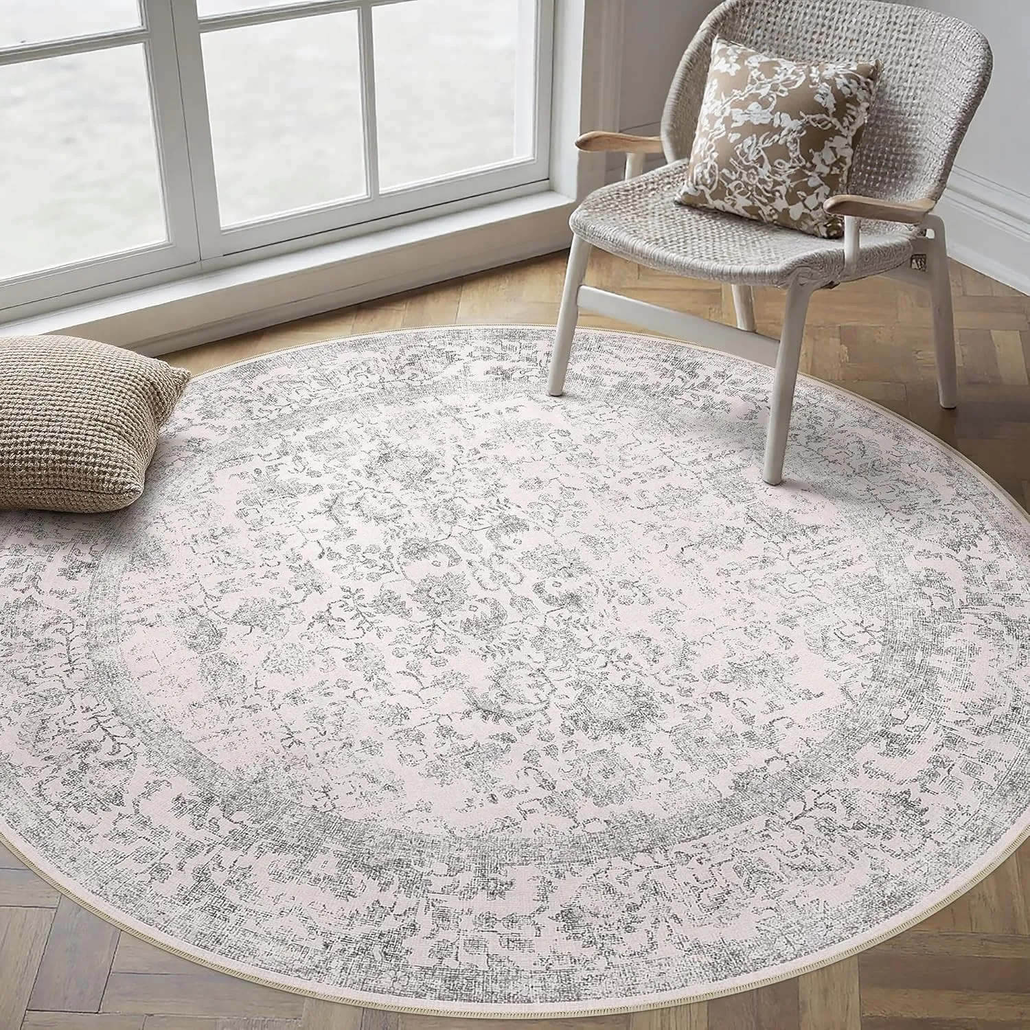 HUGEAR Vintage Waschbarer Teppich Rund 240cm Runder Wohnzimmer Schlafzimmer Grau Rutschfester Tepich Kurzflor Schlafzim…