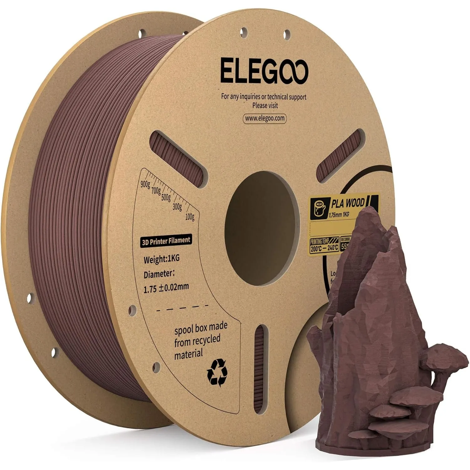 ELEGOO Holz PLA Filament 1.75mm, 3D Drucker Filament PLA Walnuss Holz 1KG