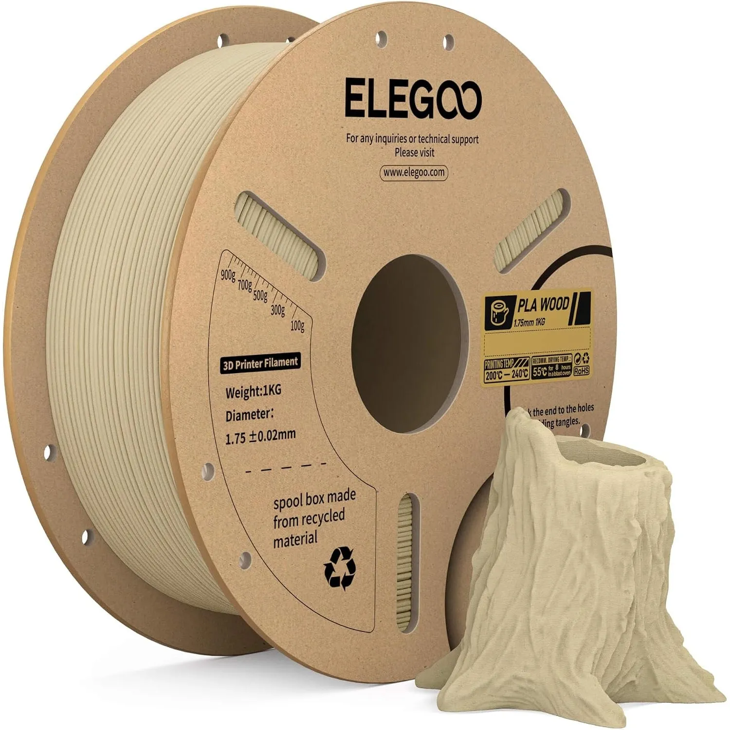ELEGOO Holz PLA Filament 1.75mm, Filament PLA Birkenholz Hellbraun 1KG