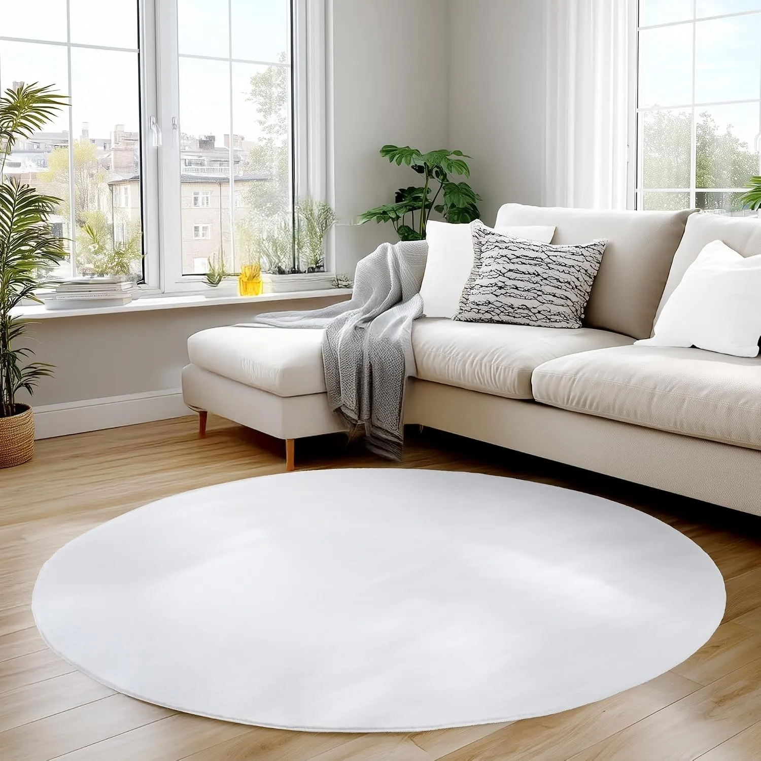 Carpettex Waschbarer Kurzflor Teppich Rund 200 cm Weiß Einfarbig Weich