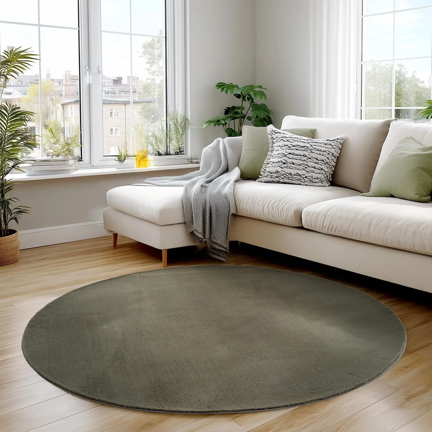 Carpettex Waschbarer Kurzflor Teppich Rund 160 cm Grün Einfarbig Weich