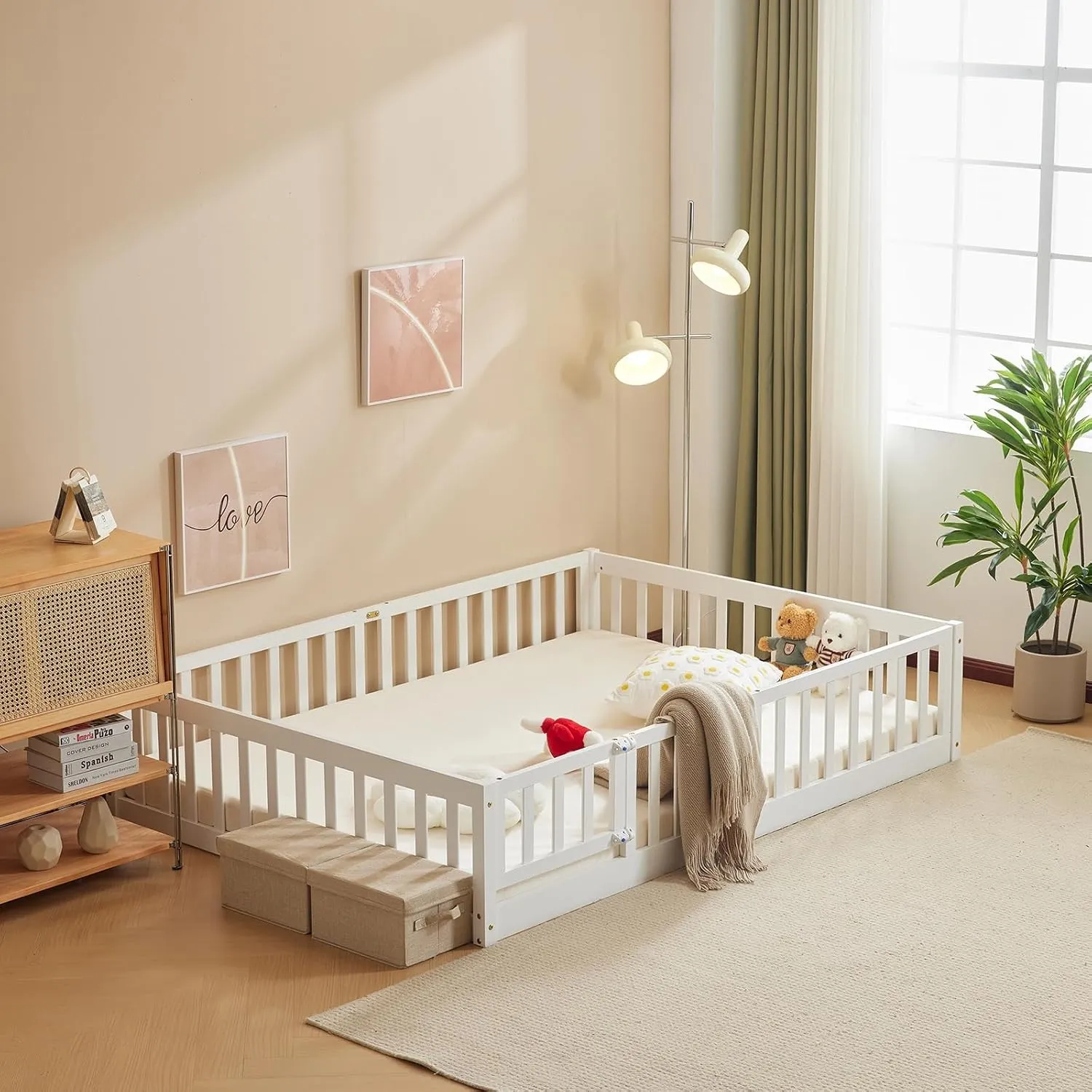 LEADZM 2in 1 bodenbett Montessori Kinderbett mit Freiem Tor （weiß 140×200）