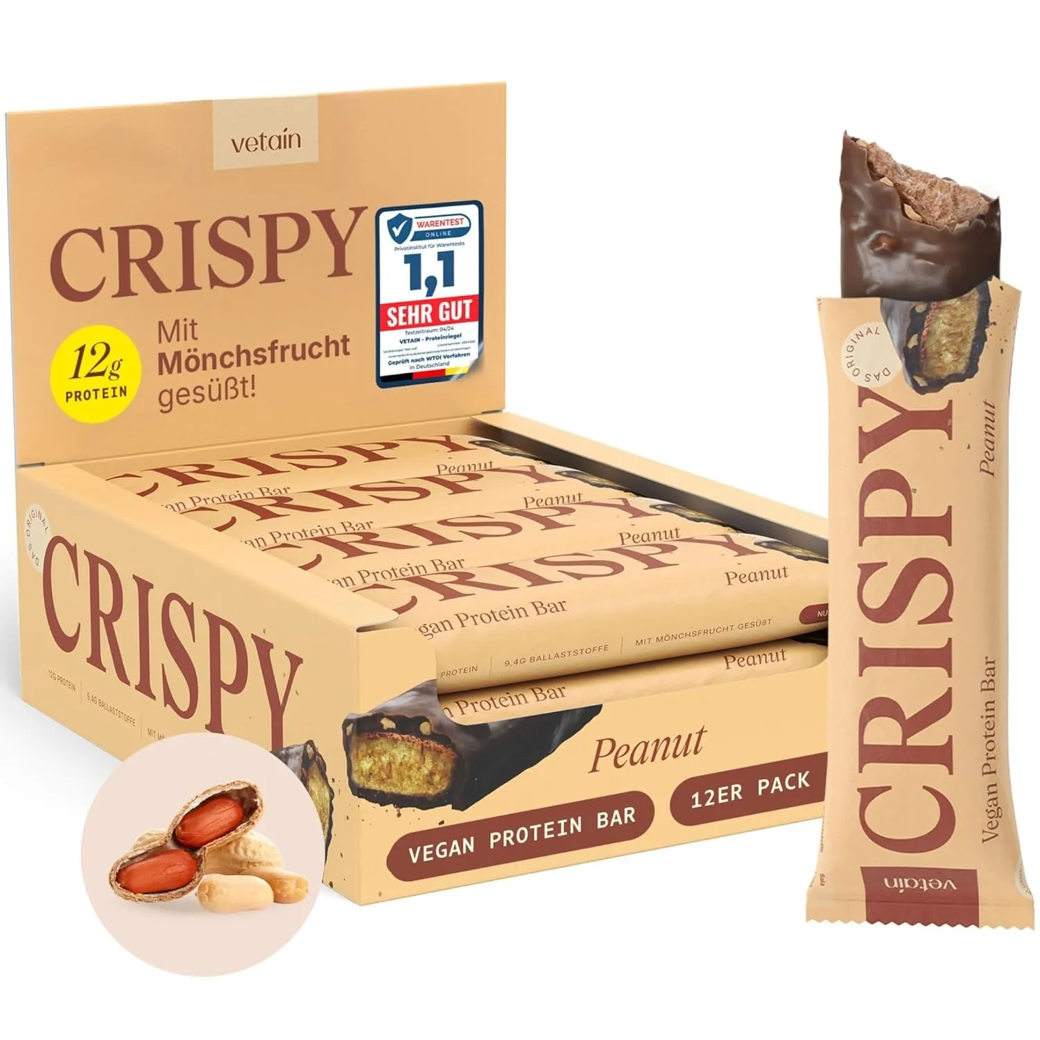 VETAIN Vegan Proteinriegel - Crispy Peanut - 12g Eiweiß pro Riegel - Mit Mönchsfrucht gesüßt - 100% natürliche Zutaten …