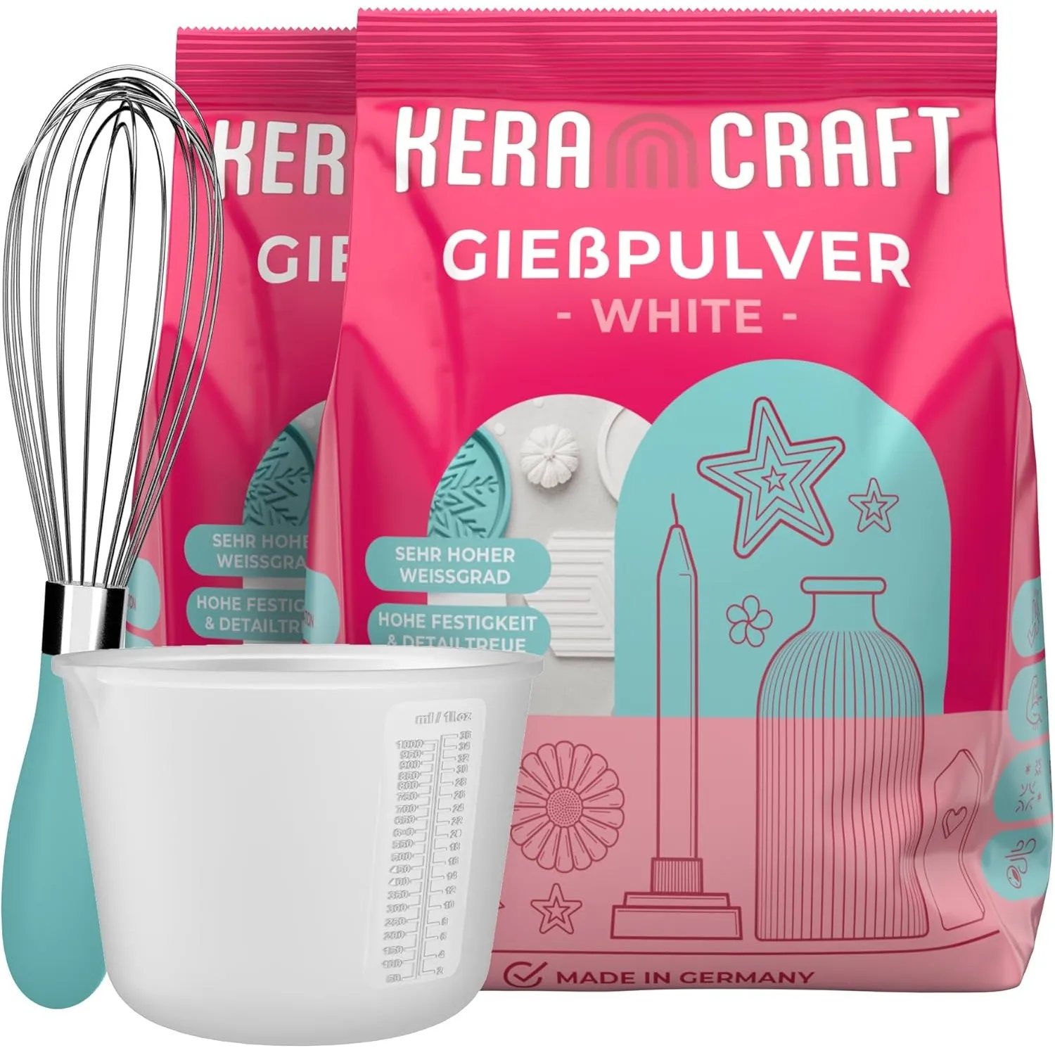 Keracraft Gießpulver weiß 2x4,5kg mit Silikonbecher 1.000ml und Schneebesen - Reliefgießpulver weiß für kreative Projek…