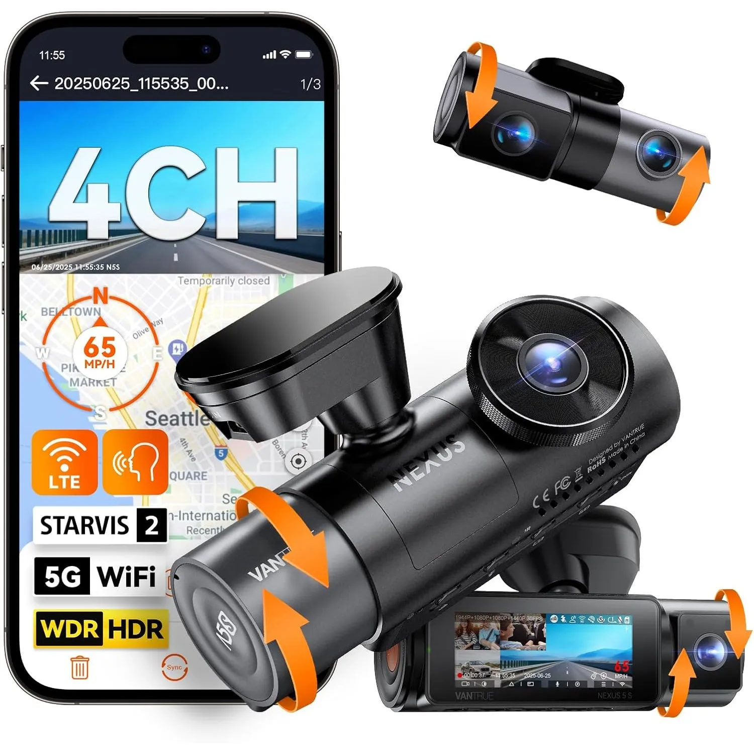 VANTRUE N5S Dashcam Auto STARVIS 2, 2.7K+1080P*2+1440P Vorne Innen Hinten