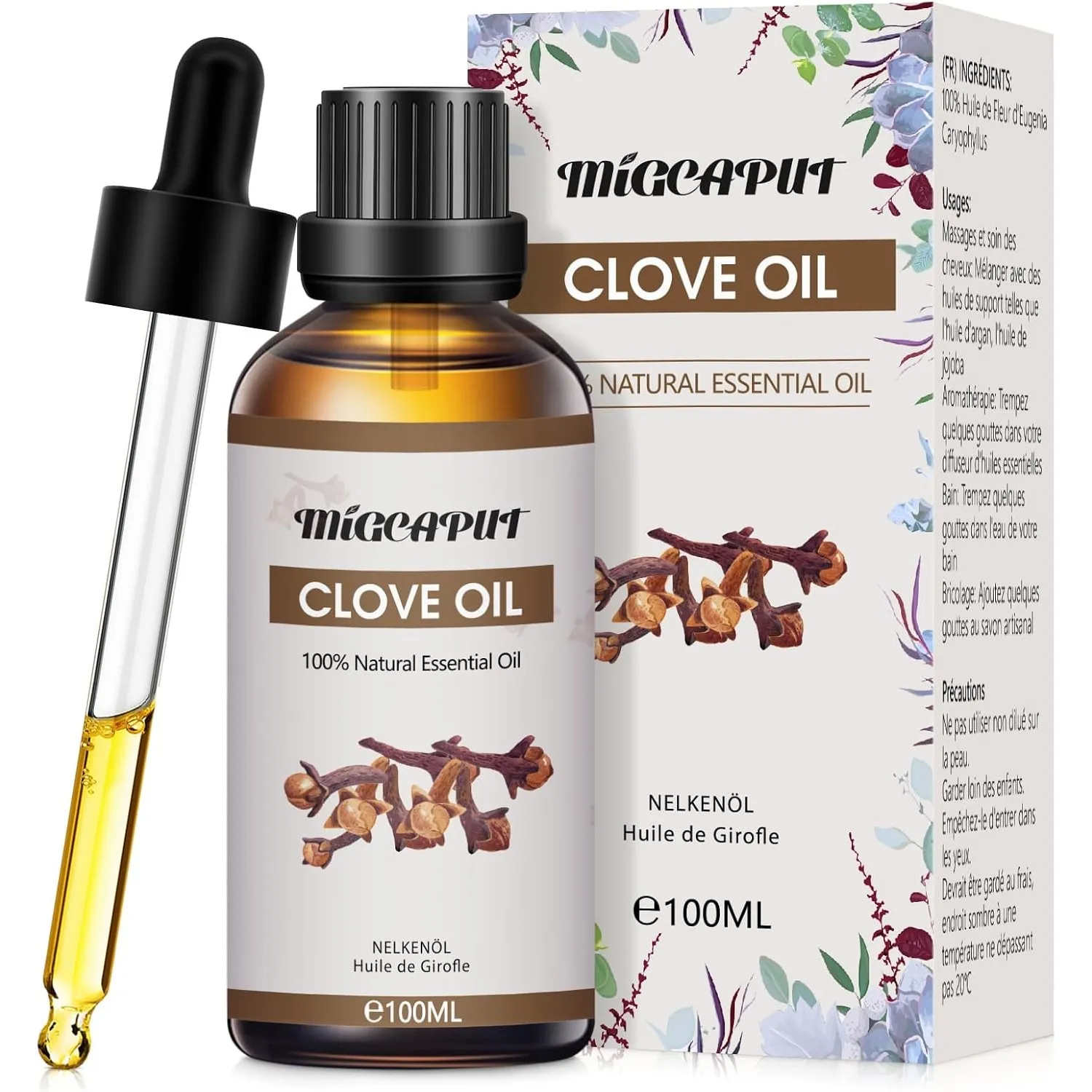 Migcaput Ätherisches Öl Nelkenöl 100ml, 100% Naturrein Gewürznelkenöl Zahnschmerzen, Clove Oil für Diffuser, Aromathera…
