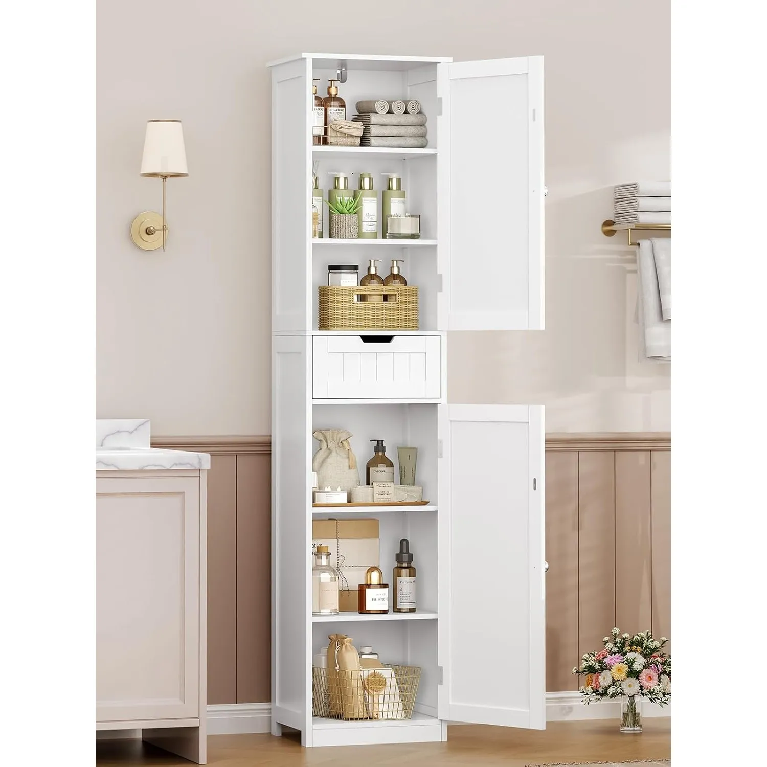 TEENFON Badezimmerschrank Schmal mit voller 40 cm Breite，Badschrank mit 2 Türen und 1 Schublade, Hochschrank mit Verste…