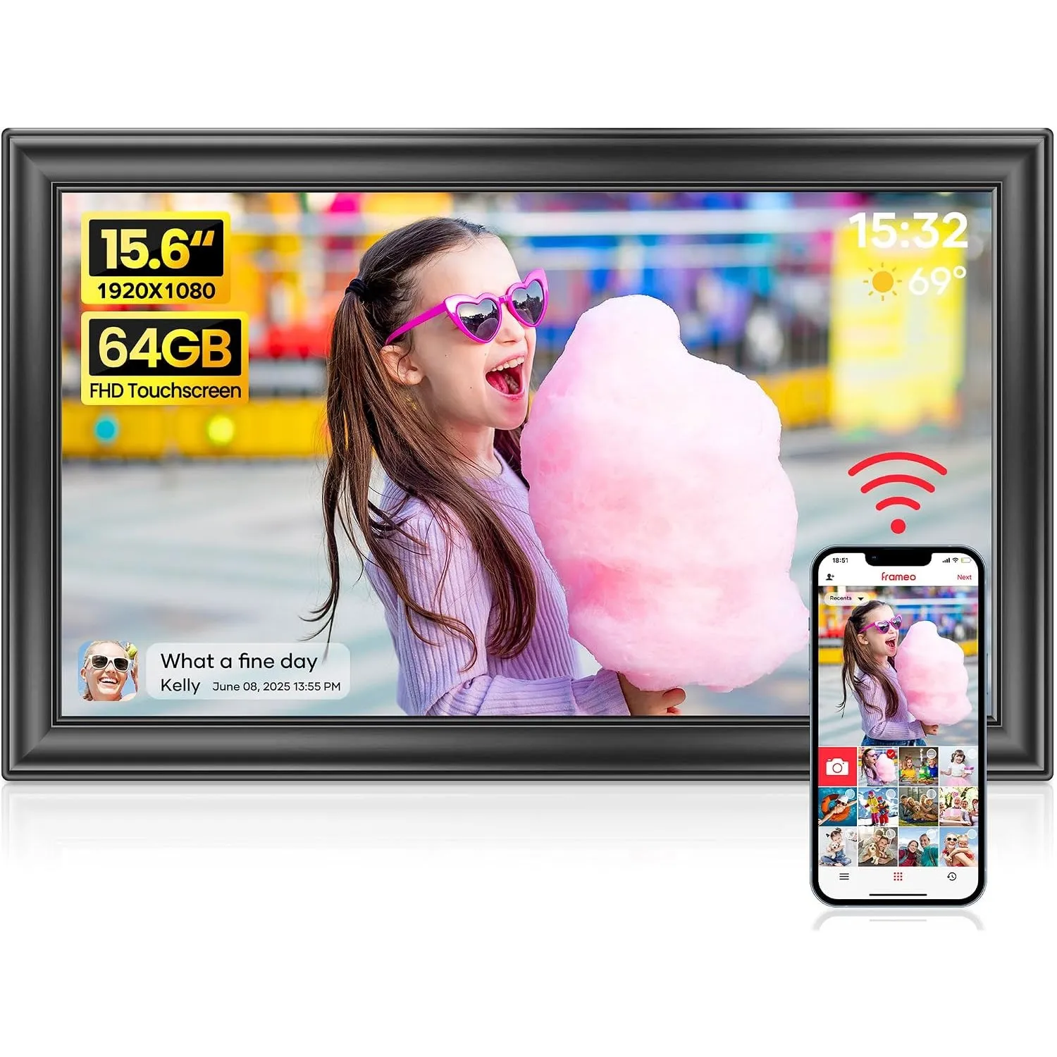 64GB FRAMEO 15,6 Zoll Digitaler Bilderrahmen - 1920 * 1080P FHD IPS Touchscreen Digitale Bilderrahmen, Auto Rotation El…