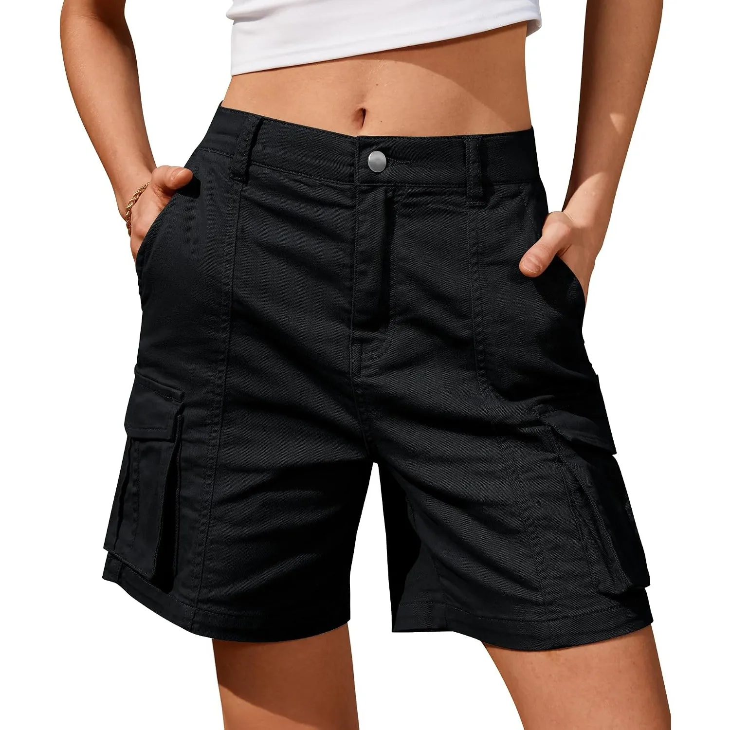 IVIR Kurze Hose Damen Sommer Bermuda Cargo Shorts Hohe Taille Baumwolle mit Elastischem Bund und 6 Taschen