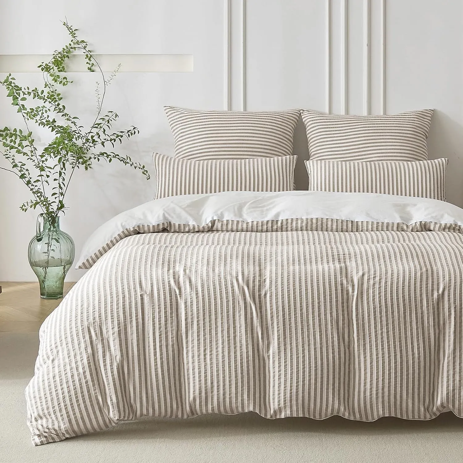 SOULFUL Bettwäsche 135x200 Baumwolle 4teilig Gestreift Jacquard Braun