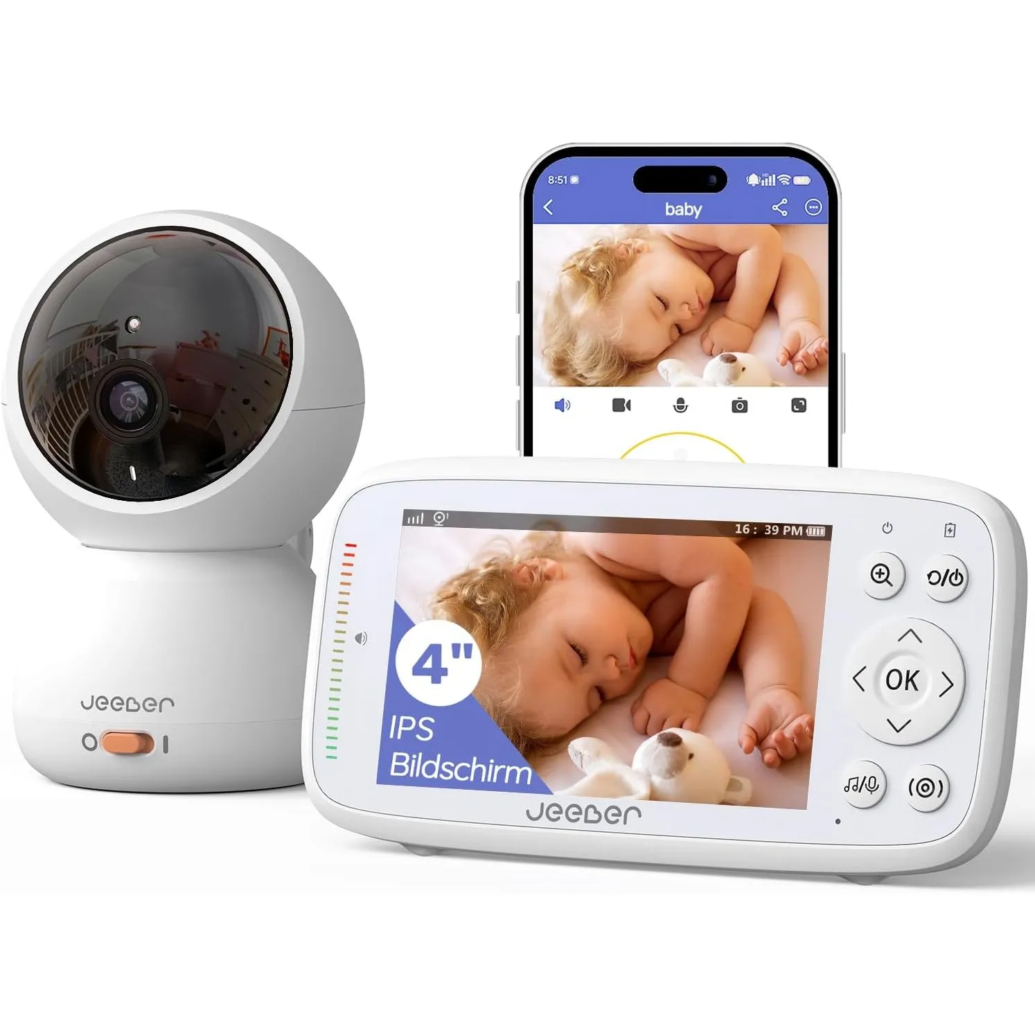WLAN Babyphone mit Kamera App,1080P,4-Zoll-IPS Baby Monitor,PTZ 360°