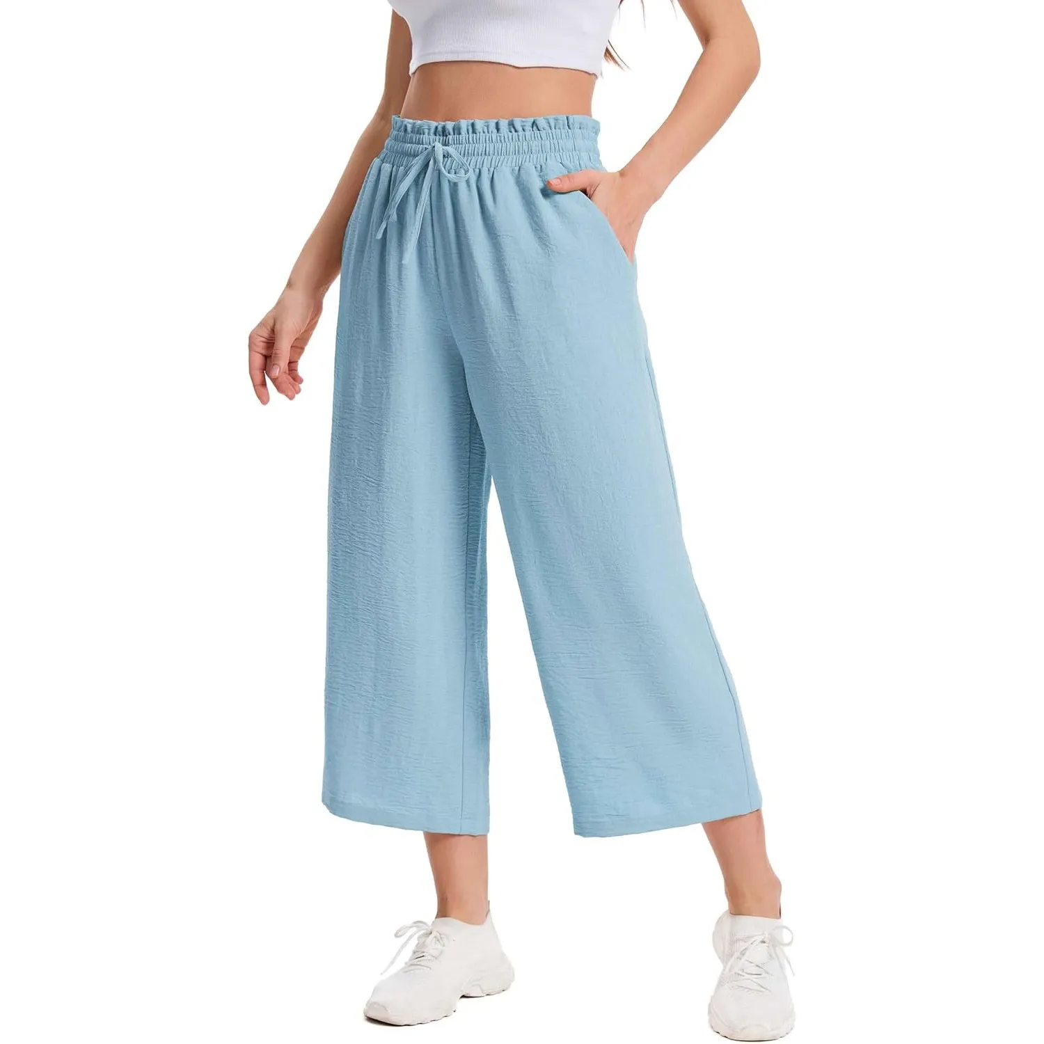 Damen 3/4 Culotte Hose Leichte Sommerhose mit Taschen | Atmungsaktives Stoff Caprihose für Damen