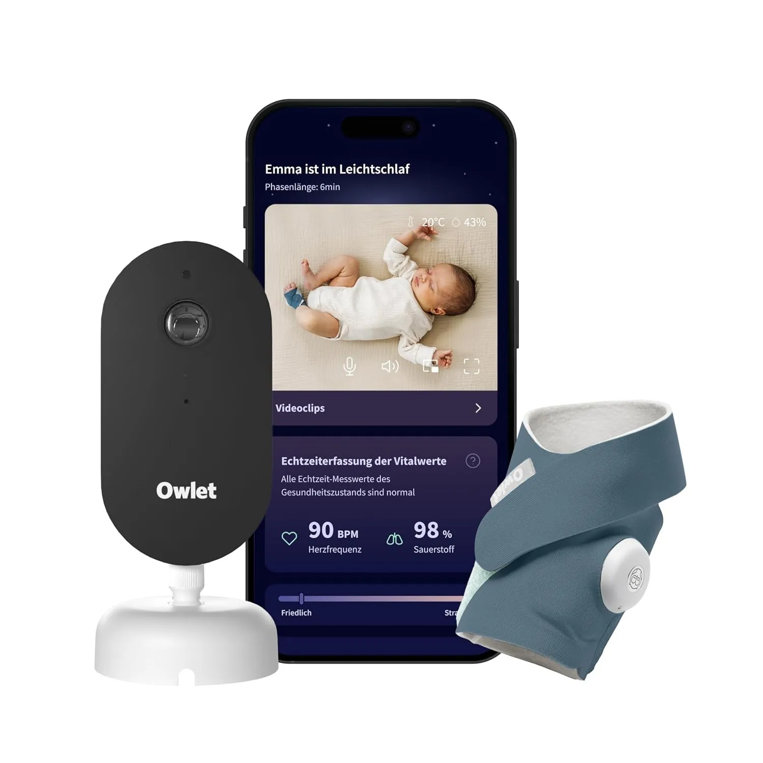 Owlet Dream Duo – Smartes Babyphone mit Sock & 2K-Kamera, Bedtime Blue