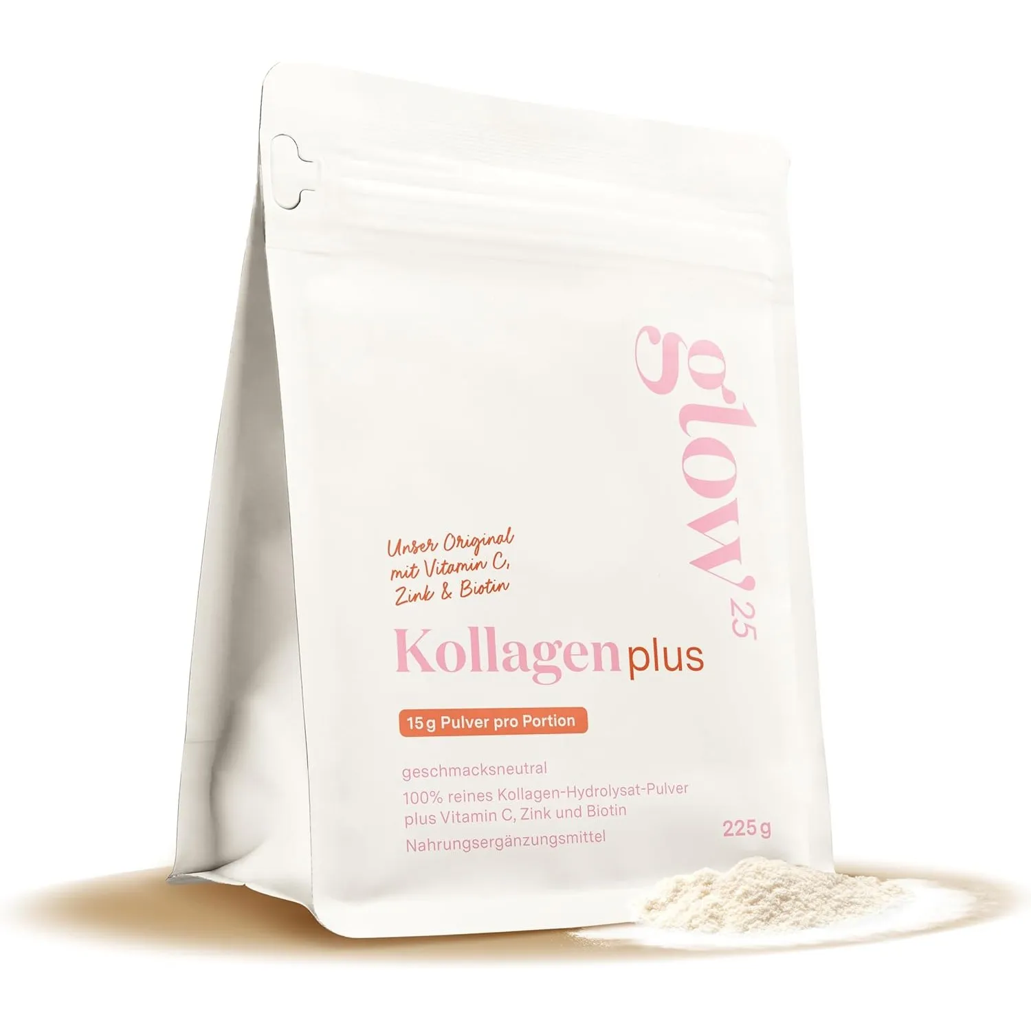 Glow25® Kollagen Plus [225g] - Collagen Hydrolysat mit Vitamin C, Zink und Biotin - Peptide Typ 1 und 3 - Gute Löslichk…