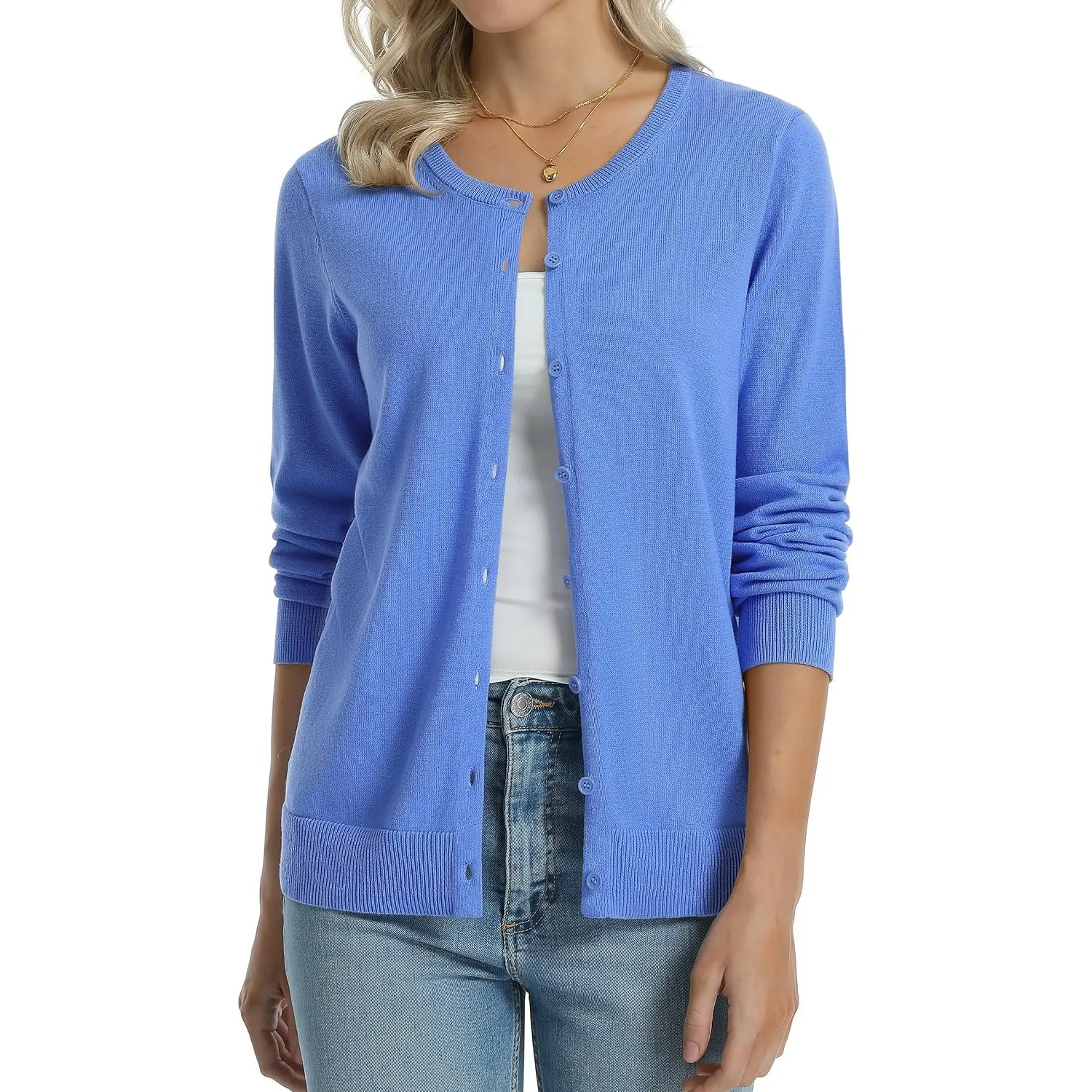 QUALFORT Damen Strickjacke aus 100% Baumwolle weich & leicht Langarm mit Knopfleiste