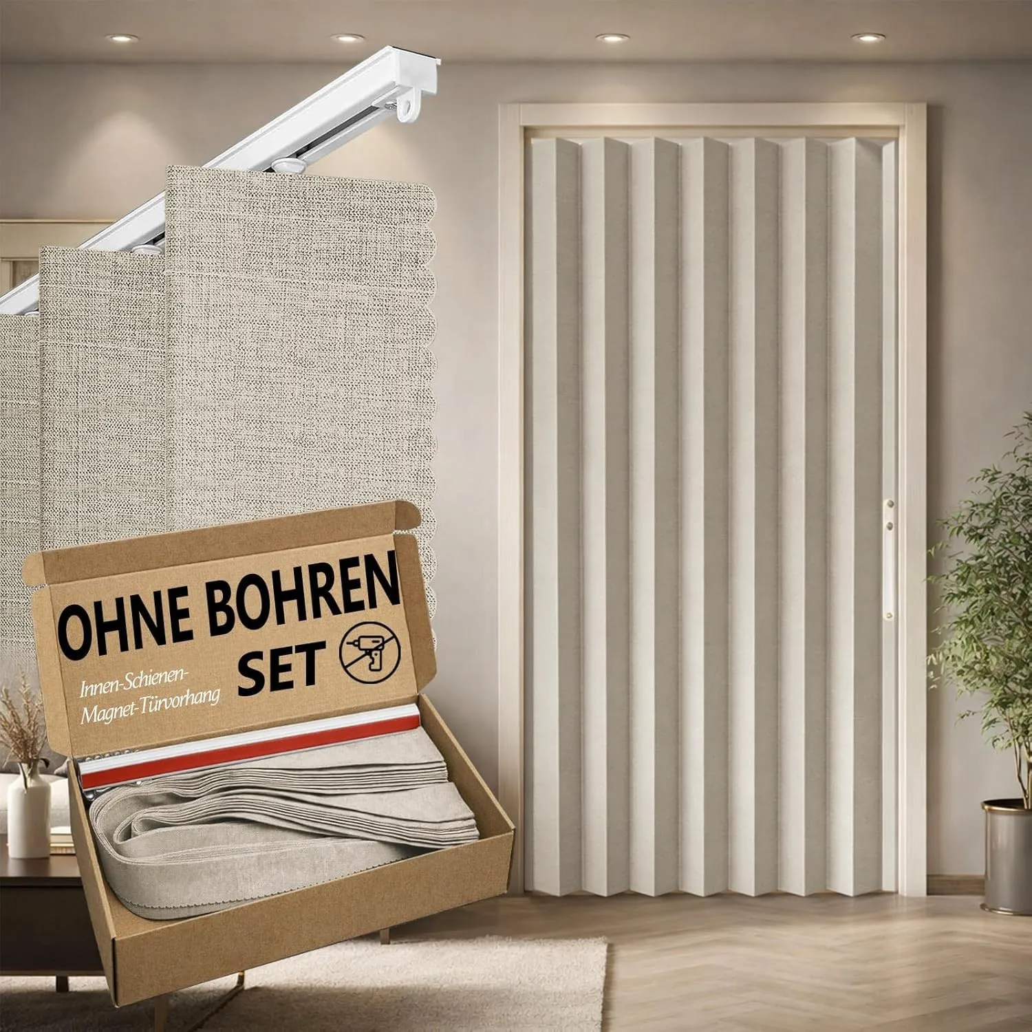 Jilron 100% Blickdichter Türvorhang – Faltbarer Akordion-Stil mit Magnetverschluss, Klebemontage ohne Bohren, inkl. Kle…