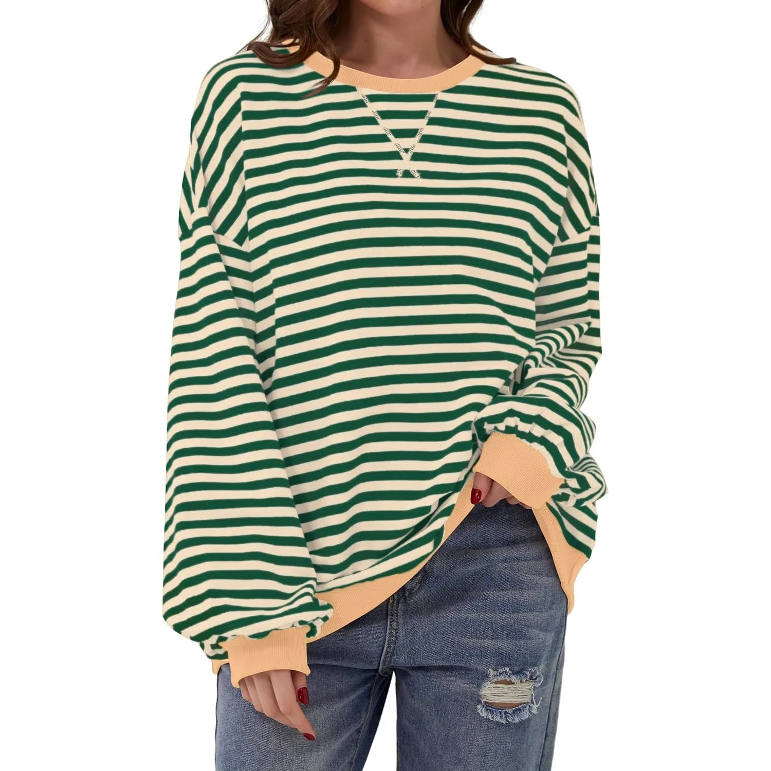 DUOEASE Pullover Damen Streifen Oversize Pullover Langarm Herbst Rundhals Sweatshirt Y2K Oberteile