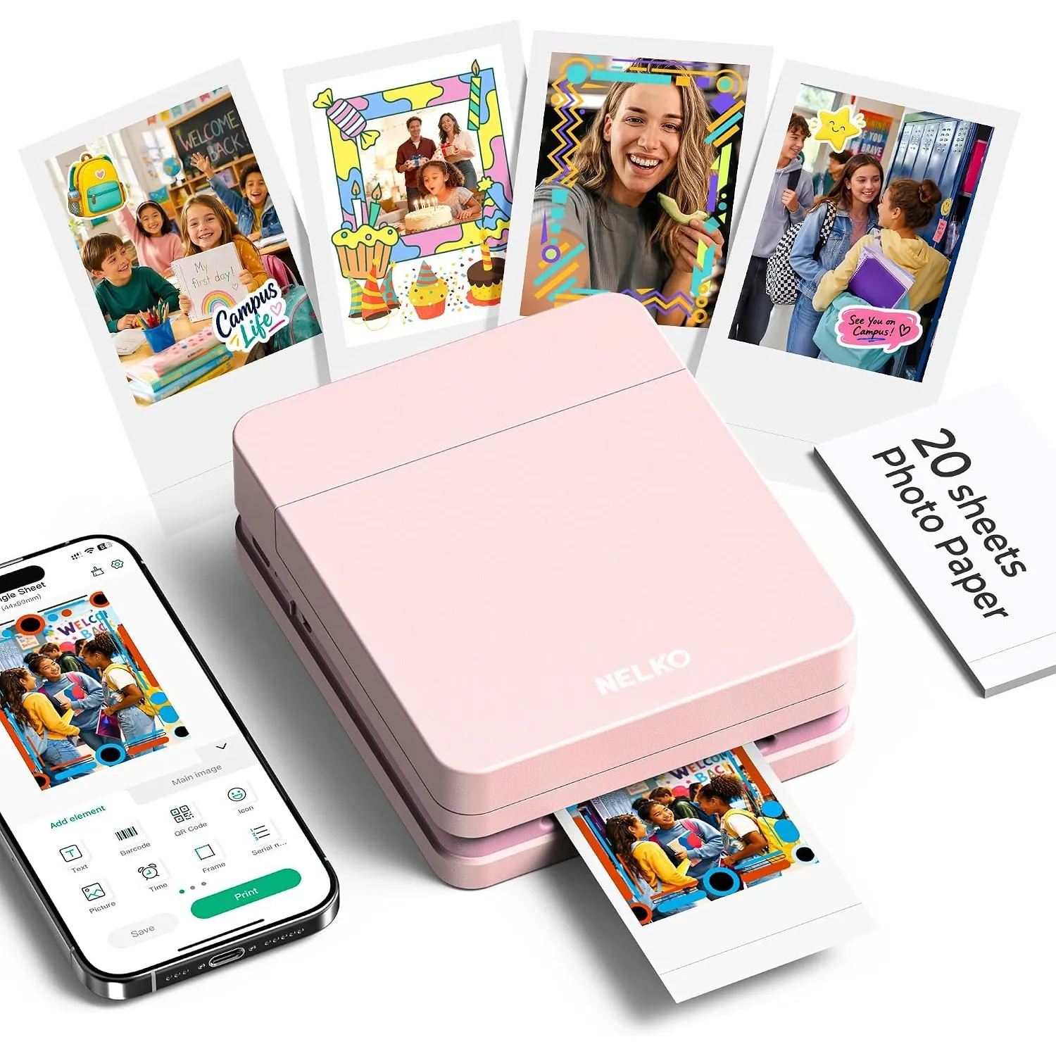 Nelko Fotodrucker für Smartphone, PP01 Mini Fotodrucker, 20 Blatt, Rosa