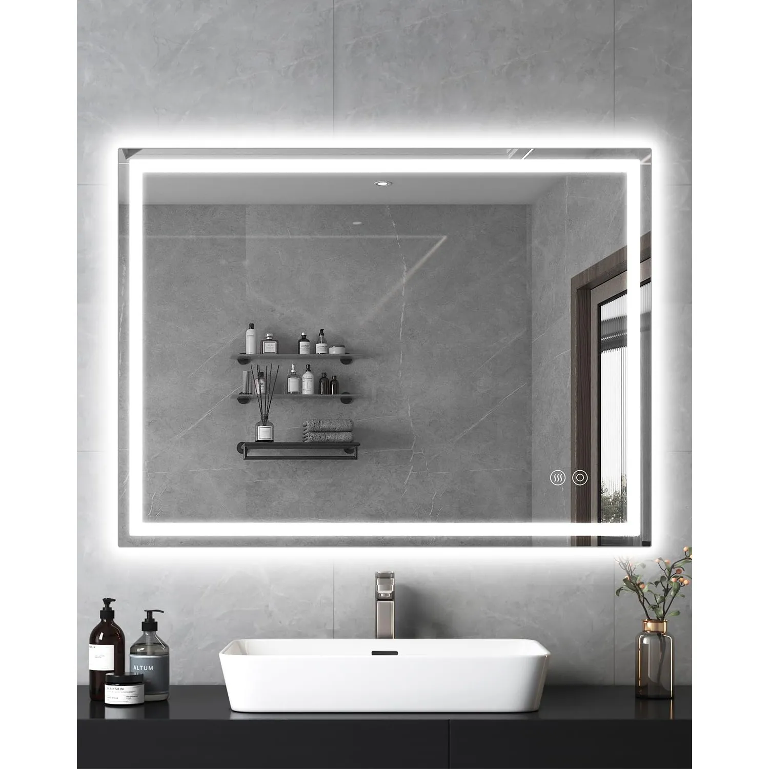 60x80 cm LED Badspiegel, mattierte Mitte, Antibeschlag, dimmbar