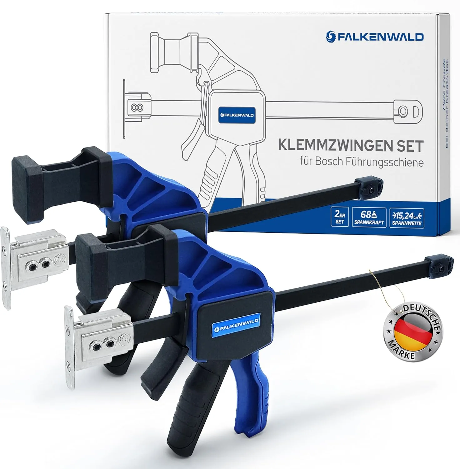 Falkenwald® Einhandzwinge Set 2 Stück für Bosch Führungsschiene - Zum Spannen, Dehnen, Fixieren mit einer Hand - Klemmz…