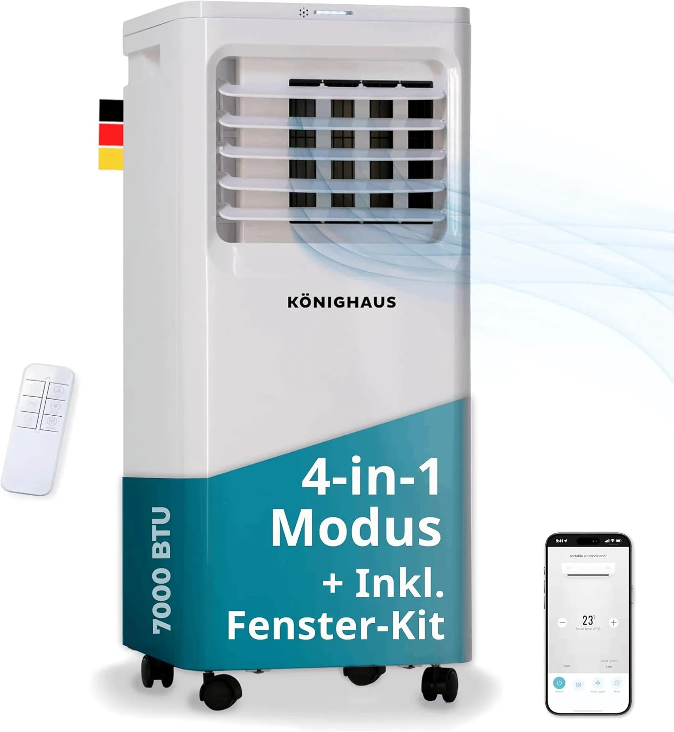 Könighaus Smarte Mobile Klimaanlage 7000 BTU für Räume bis 20m² – 4-in-1 Funktion mit Kühlung, Entfeuchtung, Ventilator…
