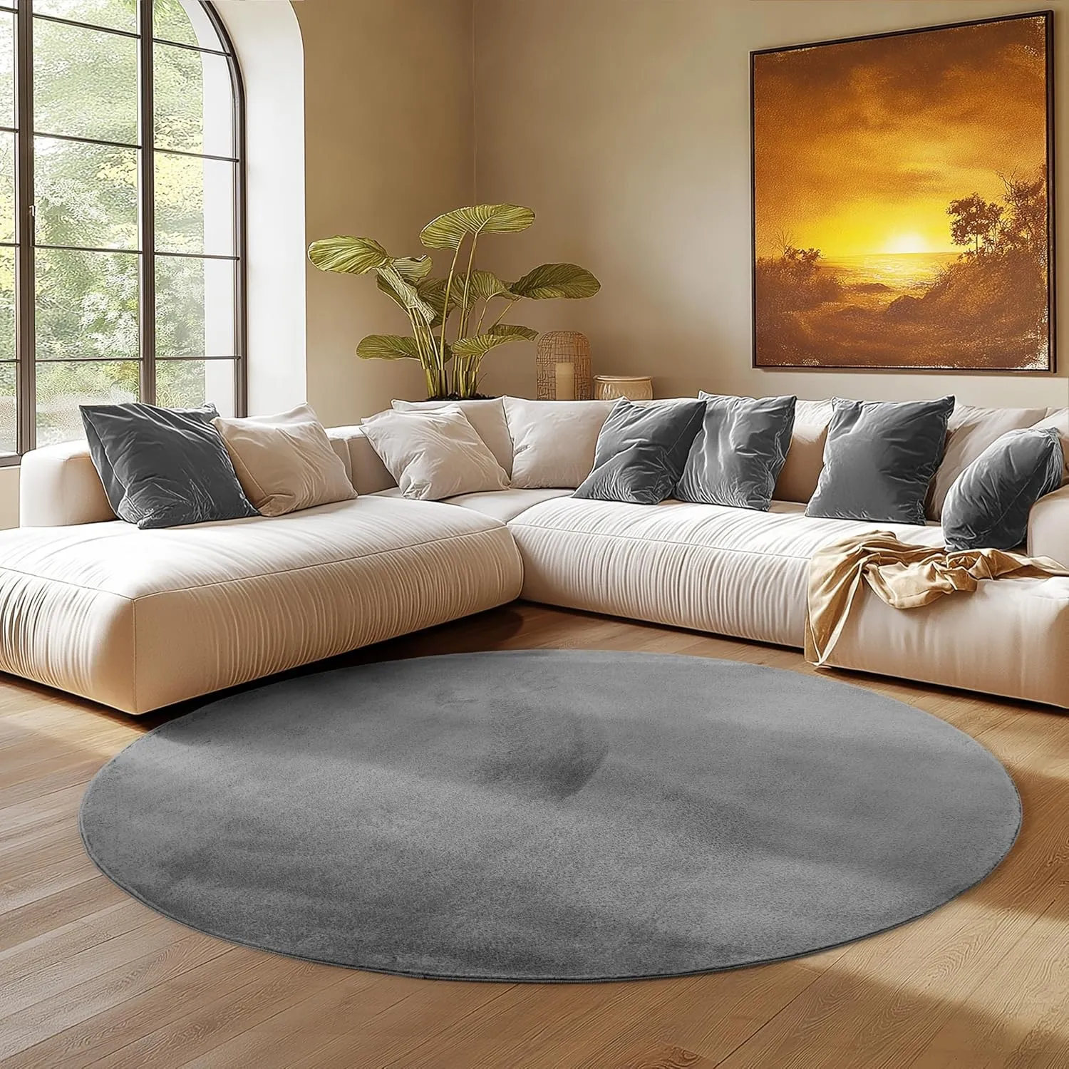 SIMPEX Runder Teppich Grau 120 cm Waschbarer Kurzflor Teppich, rund, rutschfest & weich, modernes einfarbiges Design fü…