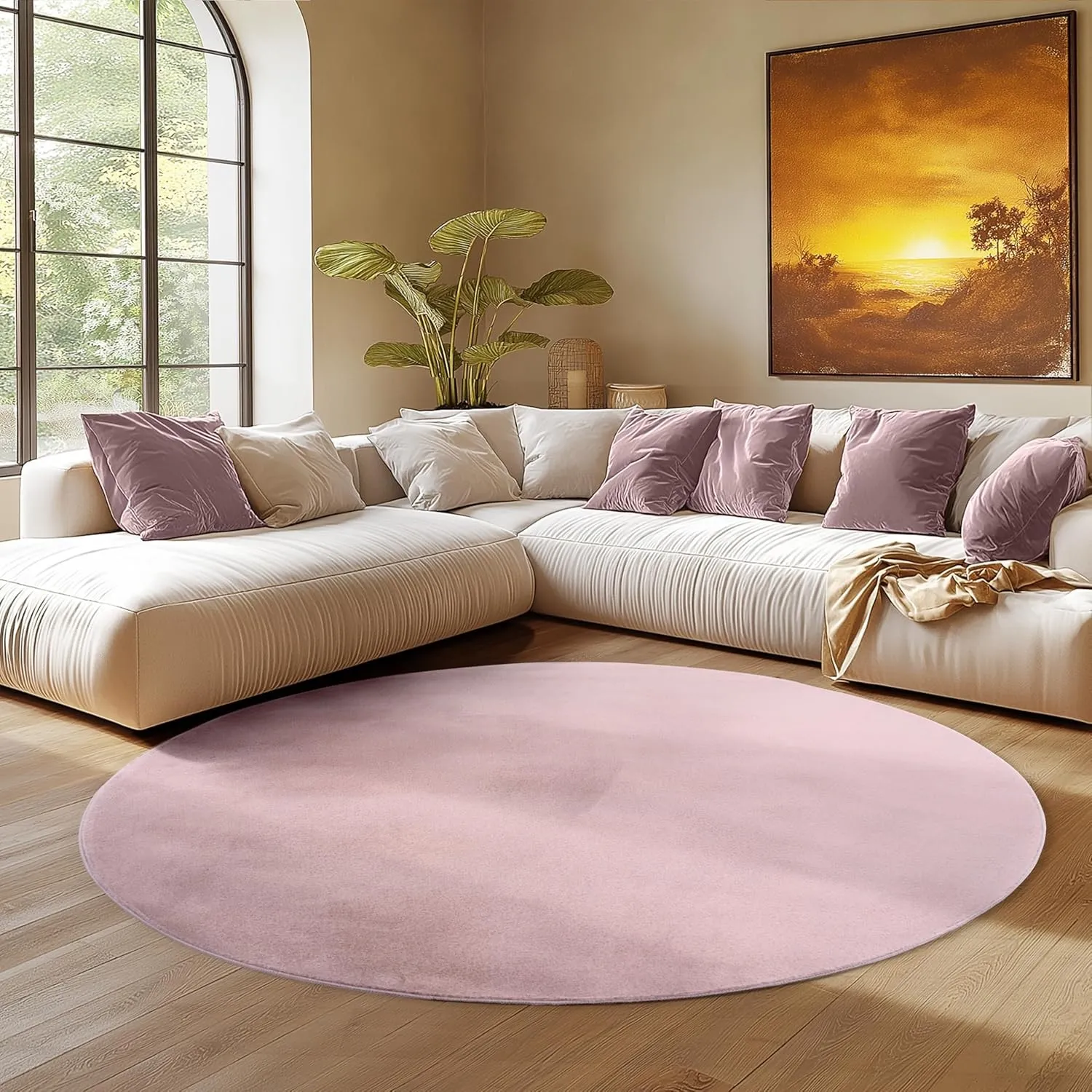 SIMPEX Runder Teppich Rosa 200 cm Kurzflor Teppich Waschbar, rund, weich & rutschfest, modern einfarbiges Design für Wo…