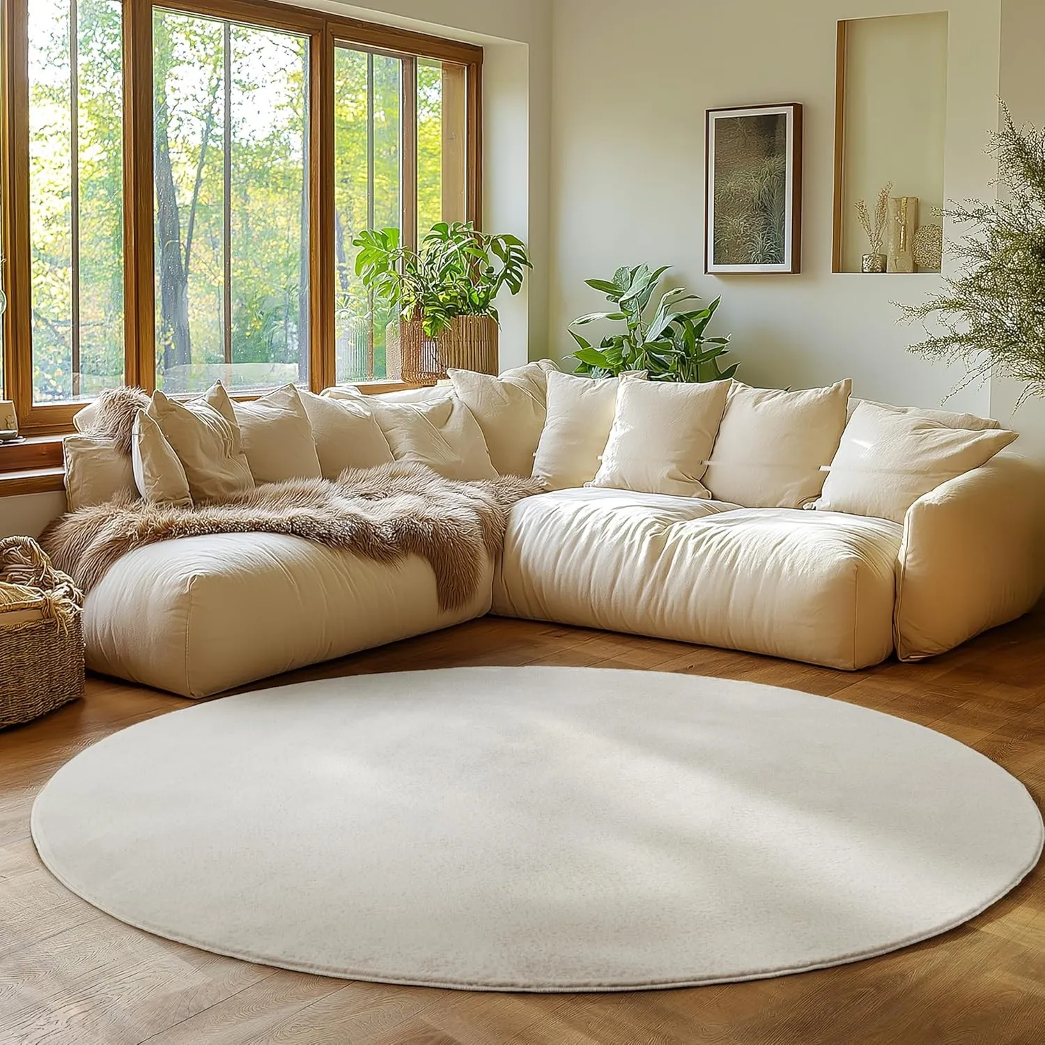 SIMPEX Runder Teppich Creme 200 cm Waschbarer Kurzflor Teppich, rund, rutschfest & weich, modernes einfarbiges Design f…