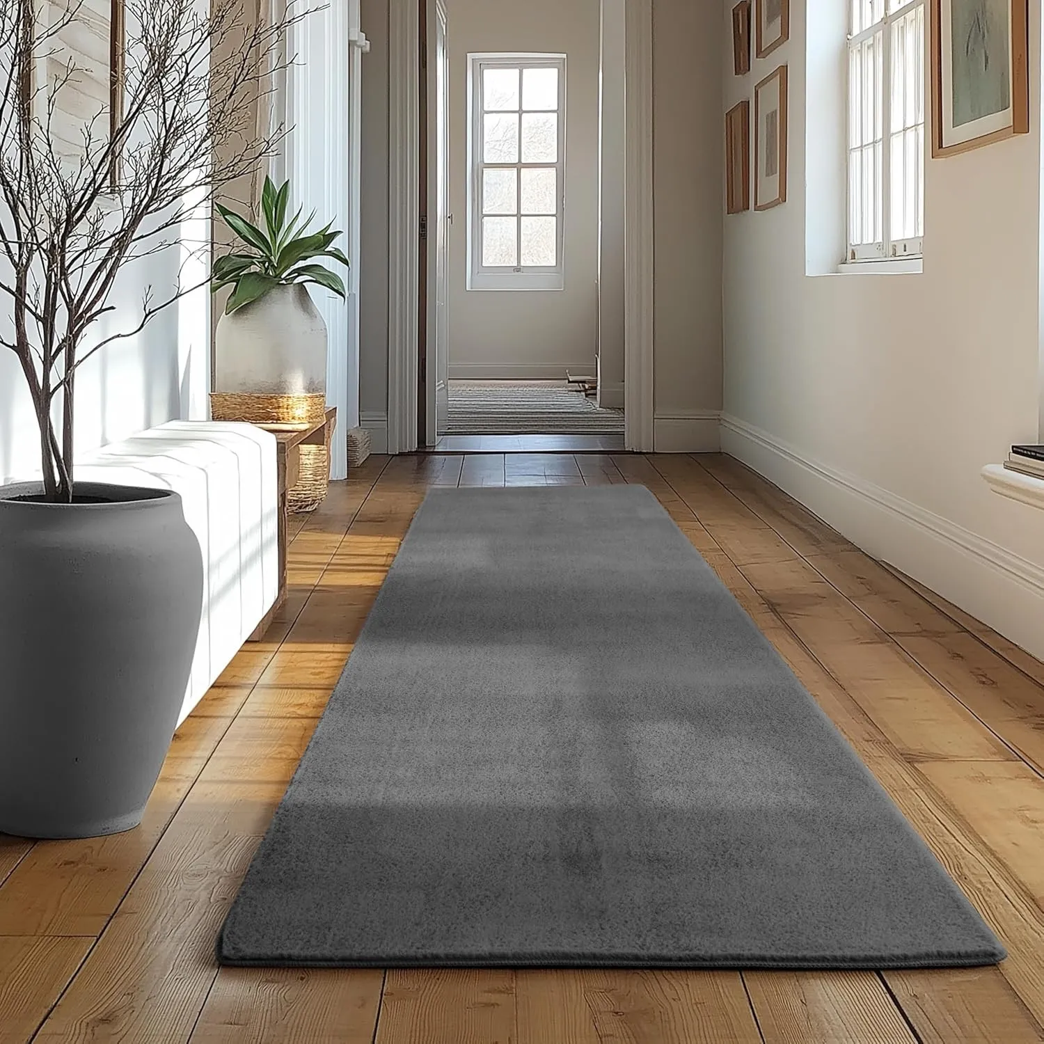 SIMPEX Läufer Teppich Grau 80x250 cm Waschbarer Kurzflor Teppich, rutschfest & weich, modernes einfarbiges Design für S…