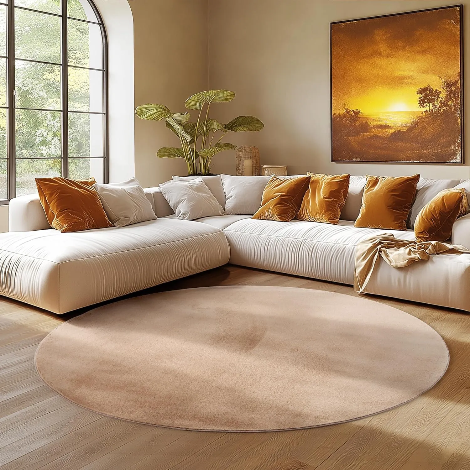 SIMPEX Runder Teppich Beige 120 cm Waschbarer Kurzflor Teppich, rund, rutschfest & weich, modernes einfarbiges Design f…