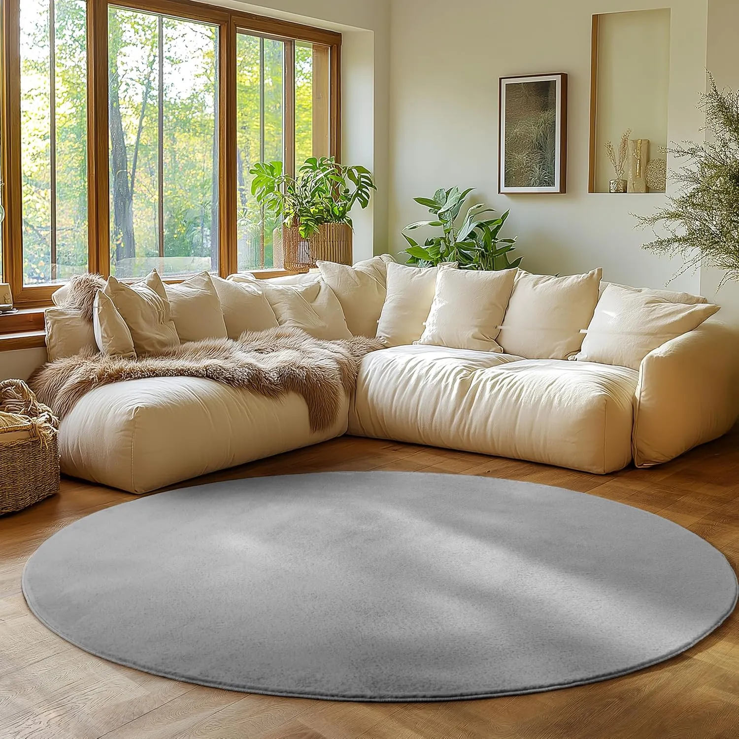 SIMPEX Runder Teppich Silber 80 cm Kurzflor Teppich Waschbar, rund, weich & rutschfest, modern einfarbiges Design für W…
