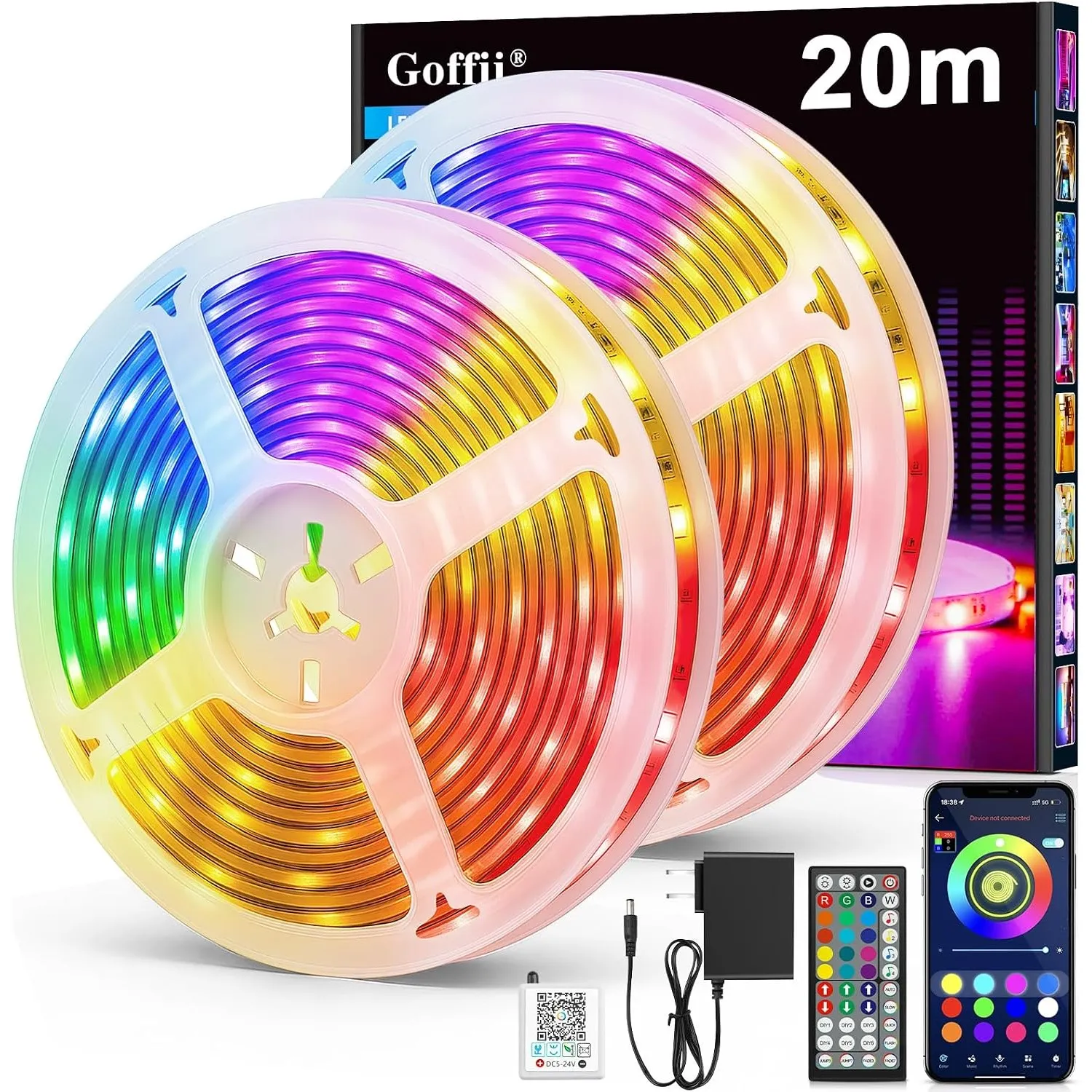LED Strip 20m, LED Streifen Bluetooth RGB Led Band Selbstklebend mit Fernbedienung und APP. Musik Sync, Timer-Einstellu…