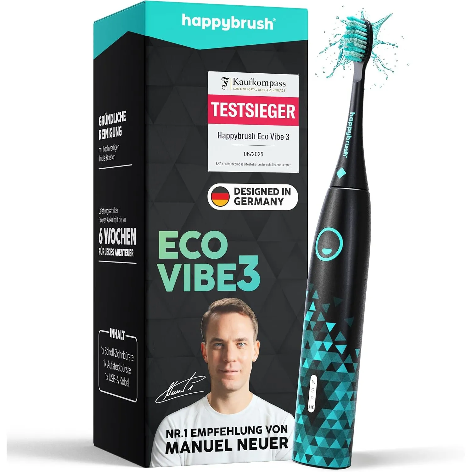 happybrush® Schallzahnbürste Eco Vibe 3 – TESTSIEGER – 100 Tage testen - Elektrische Zahnbürste mit 8 Wochen Power Akku…
