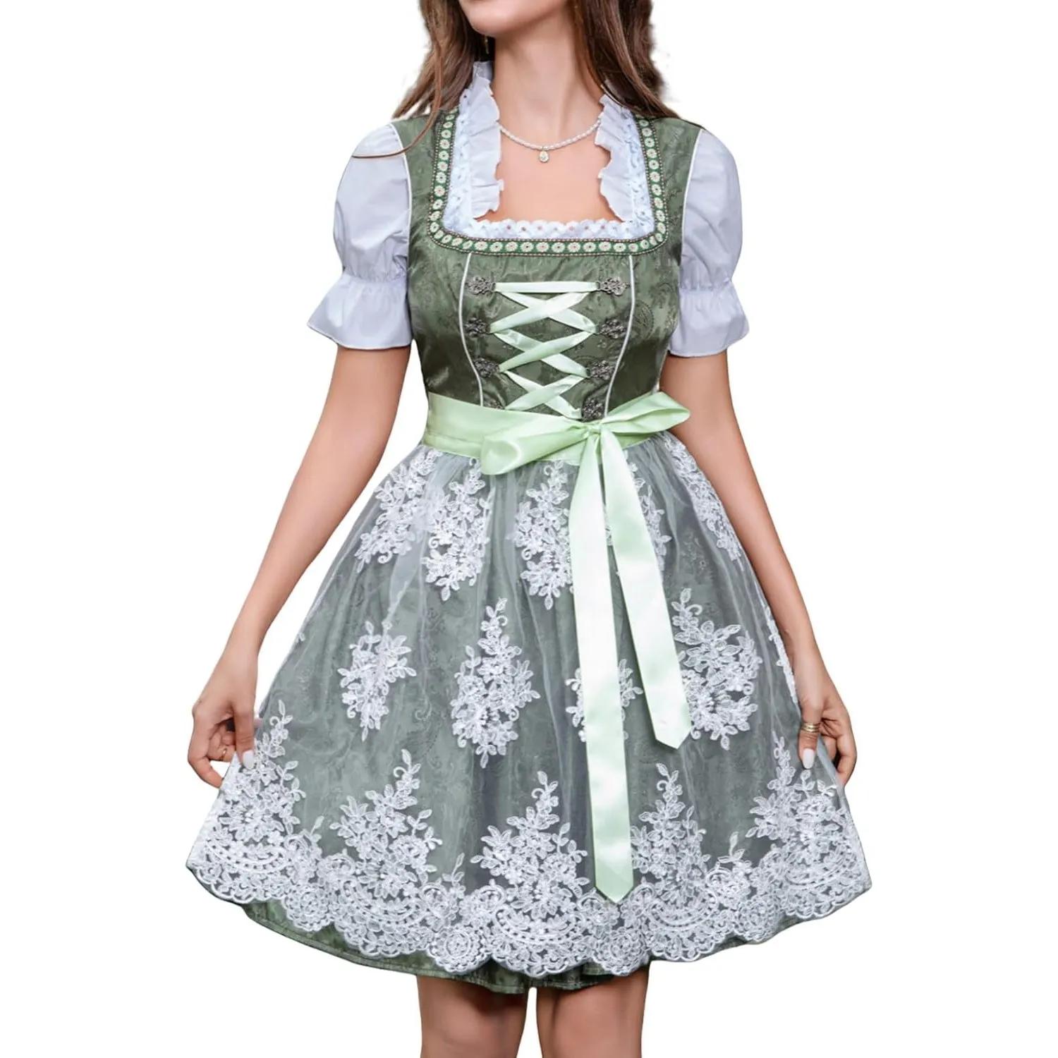 ABaoWedding Dirndl Kleid mit Spitze, Rosa, Traditionelles Trachtenkleid mit Schnürung, Festliches Design