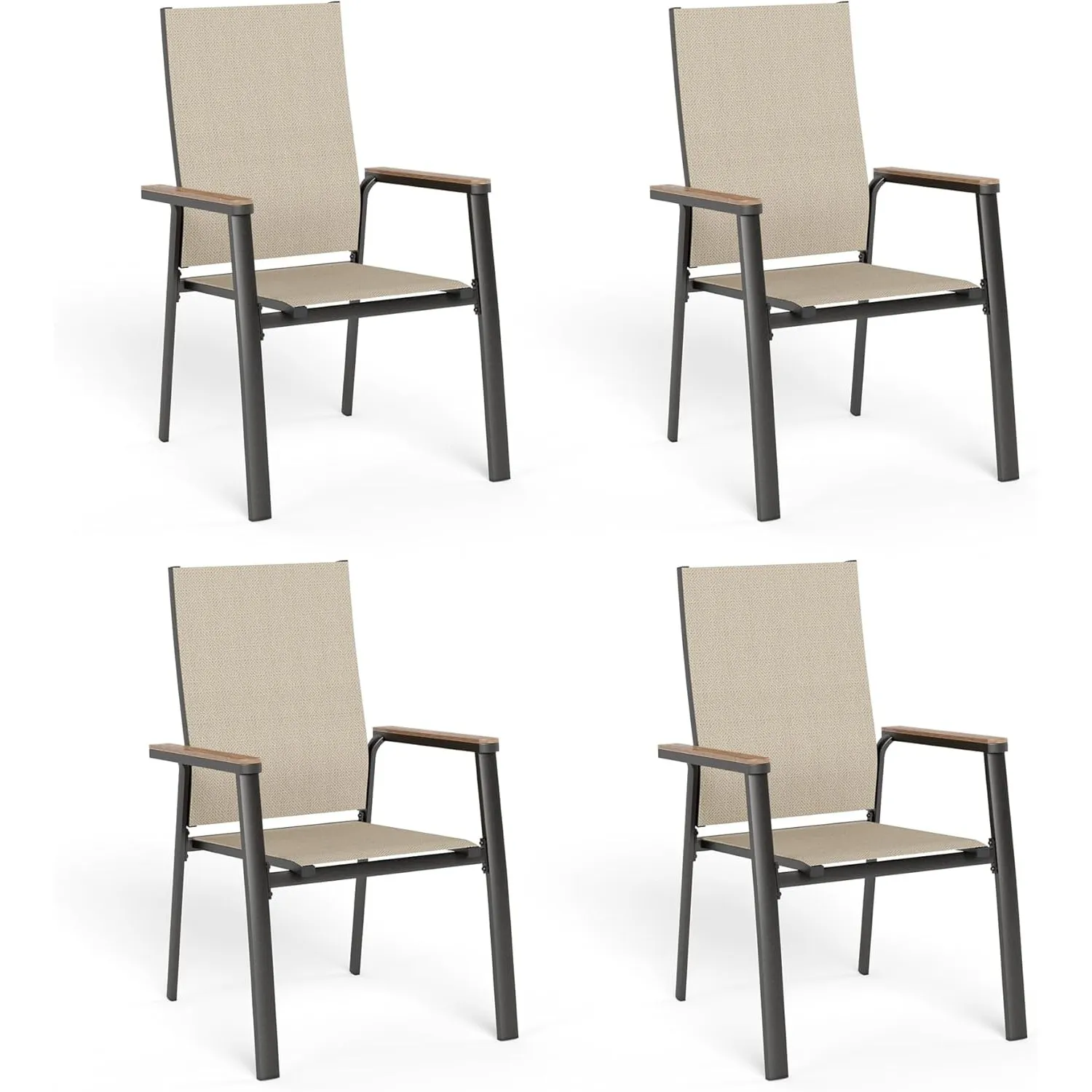 MFSTUDIO Gartenstuhl 4er Set Aluminium, Textilene Balkon Stühle Stapelbar mit Handlauf mit Holzmaserung, Outdoor Sessel…