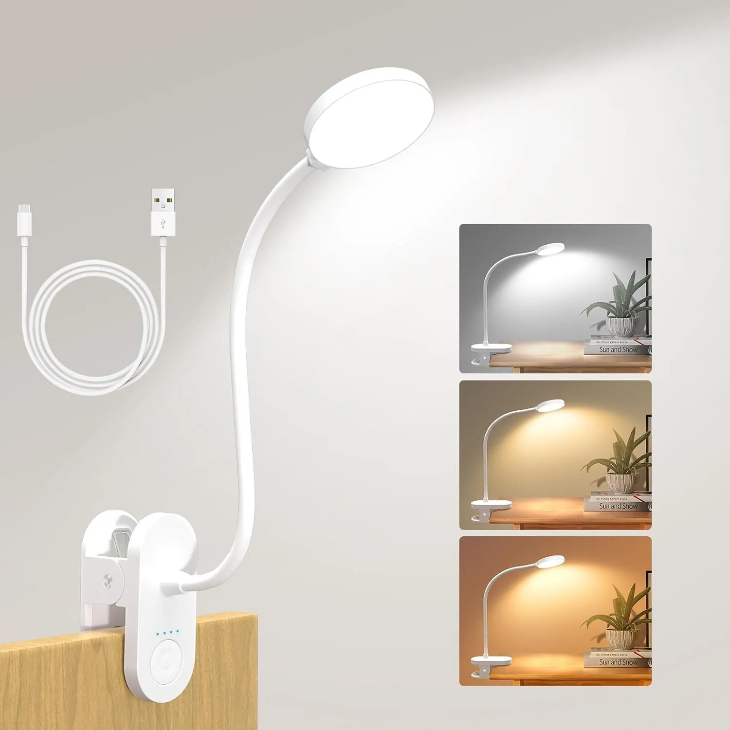 61 LED Akku Leselampe Bett –【3 Farbmodi & 10 Helligkeiten】 2000mAh Klemmlampe mit USB-C, 40cm Flexibler Schwanenhals, B…