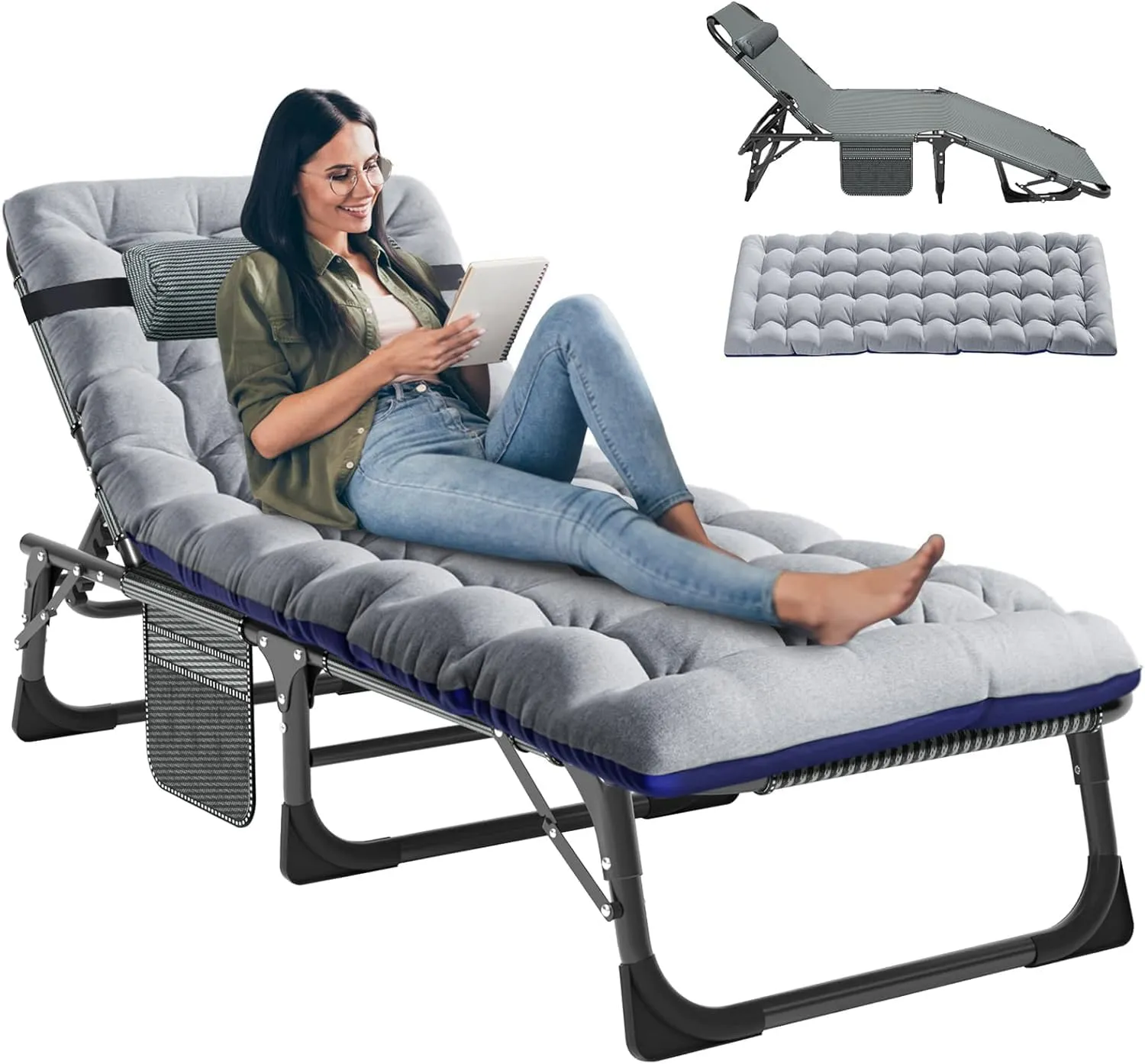 Folding Sun Lounger, Deck Chair, 200 kg Load Capacity, Tilting Lounger, Garden Lounger with Mattress and Neck Cushion, …