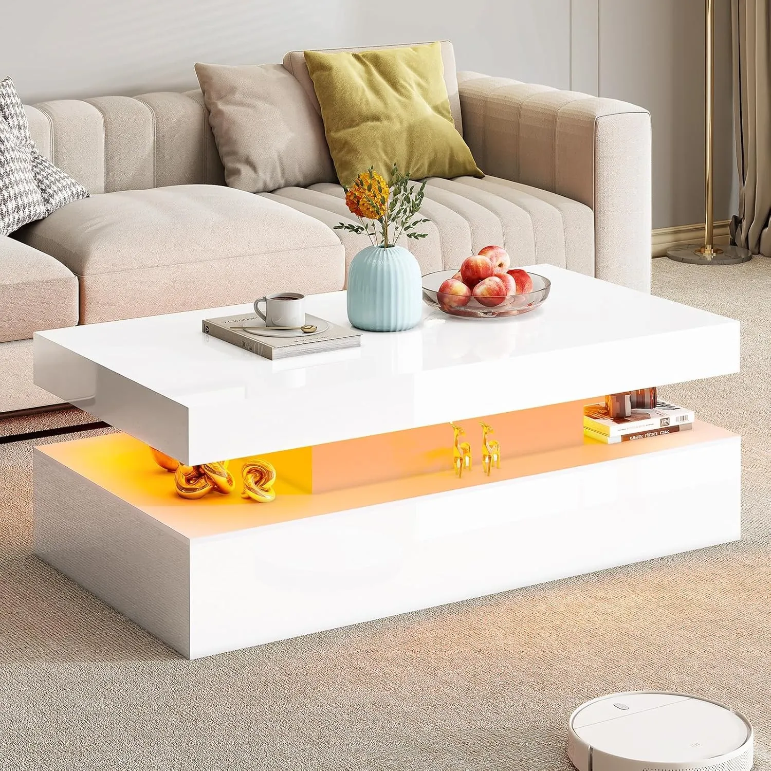 LUXOAK 100 cm Couchtisch Hochglanz mit LED, 2 Ebenen, Stauraum Weiß | RGB-Beleuchtung per App, Offene Ablagefläche, Mod…